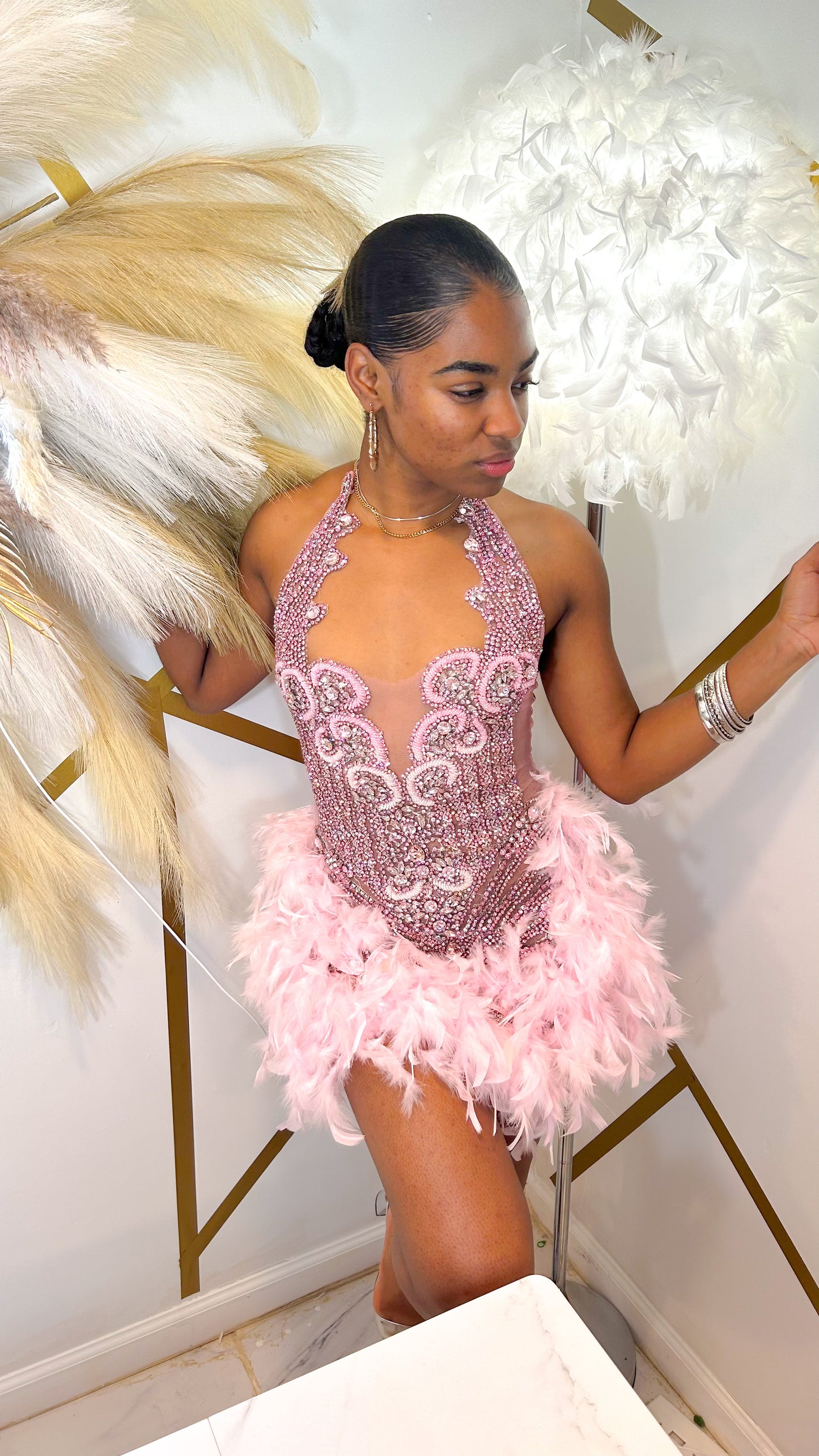 PREORDER ONLY Fine Wine Feather Luxury Rhinestone Dress-Pink