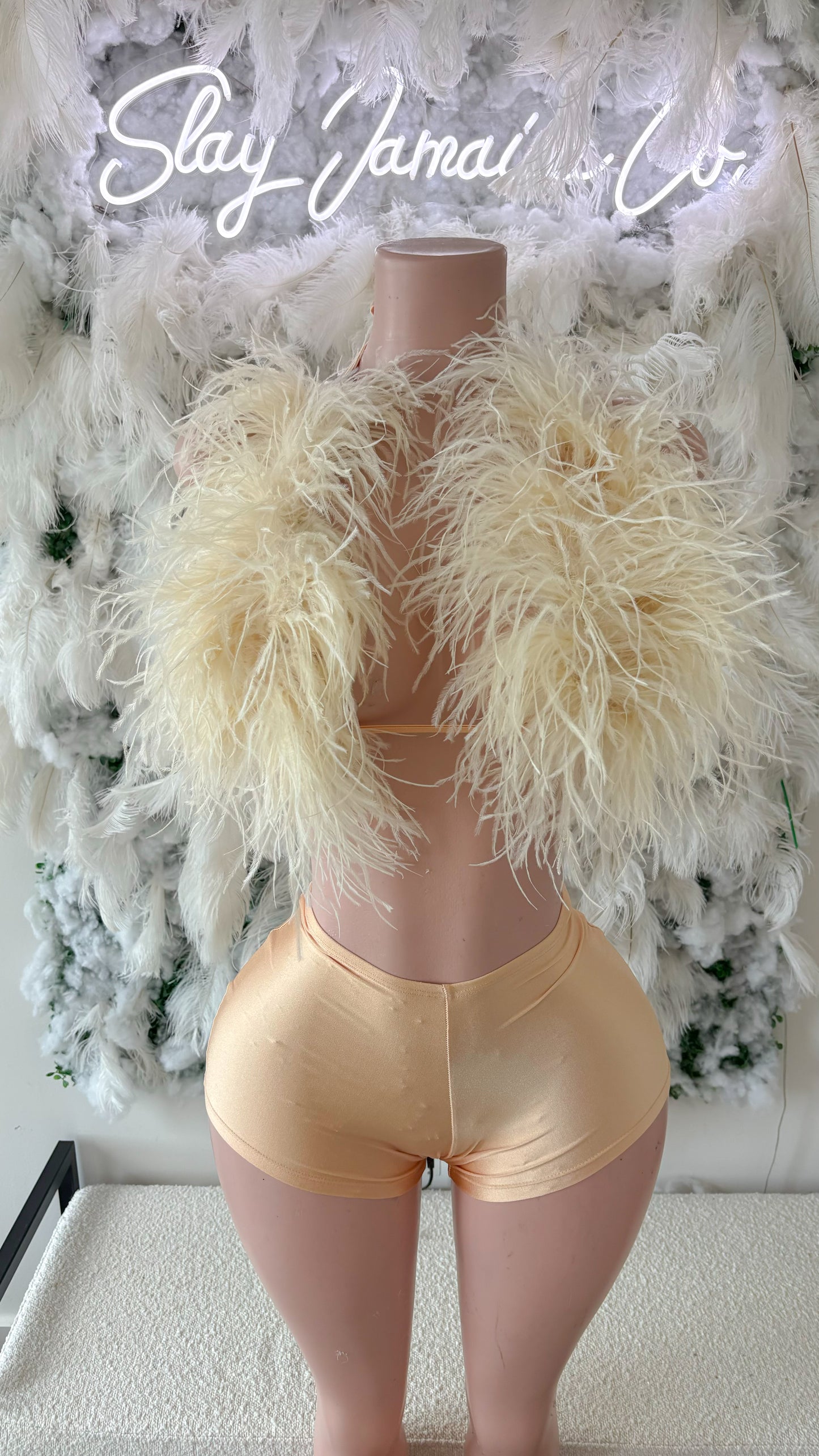 READY TO SHIP Champagne Nights Ostritch Feather Shorts Set