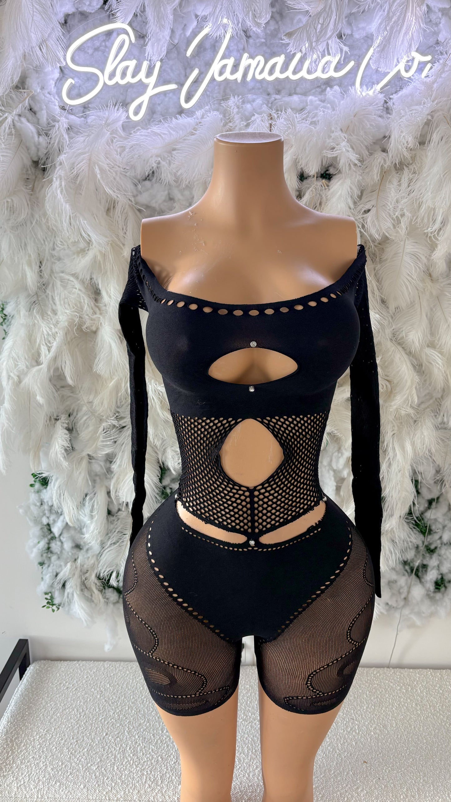 Risqué Love Cutout Mesh Romper - Black
