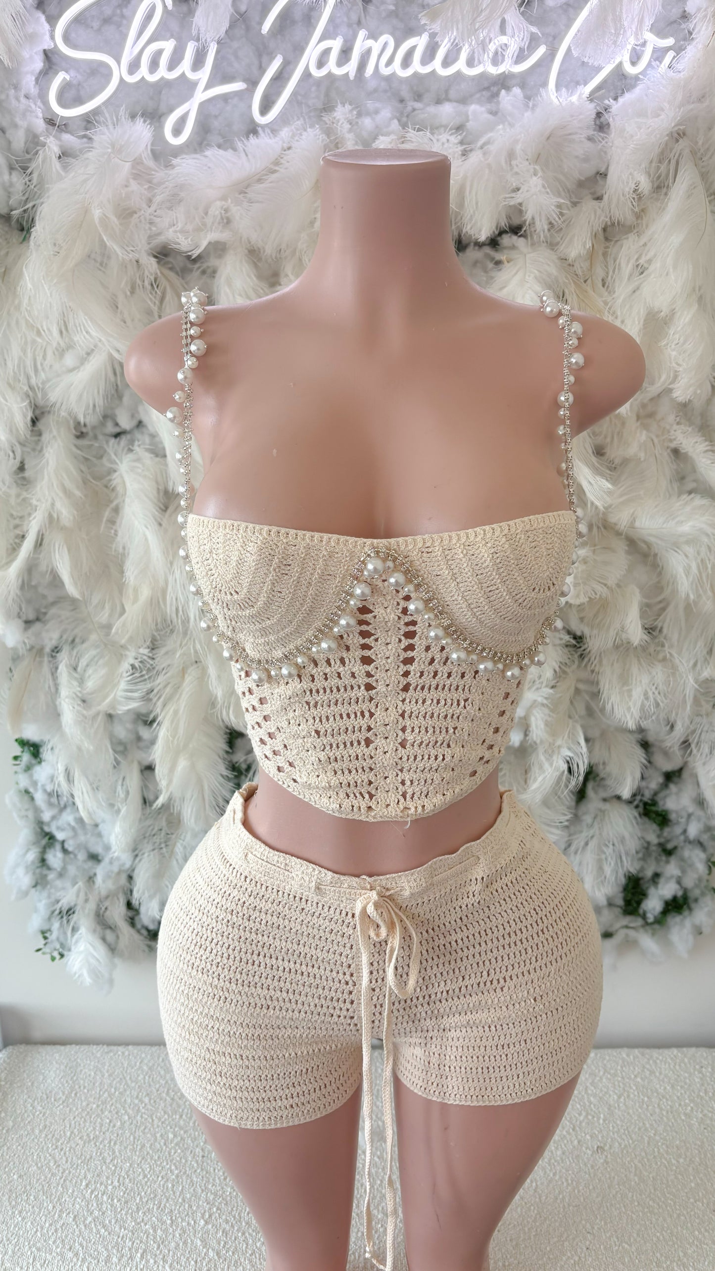 Thailand Vibes Pearl Shorts Set- Beige