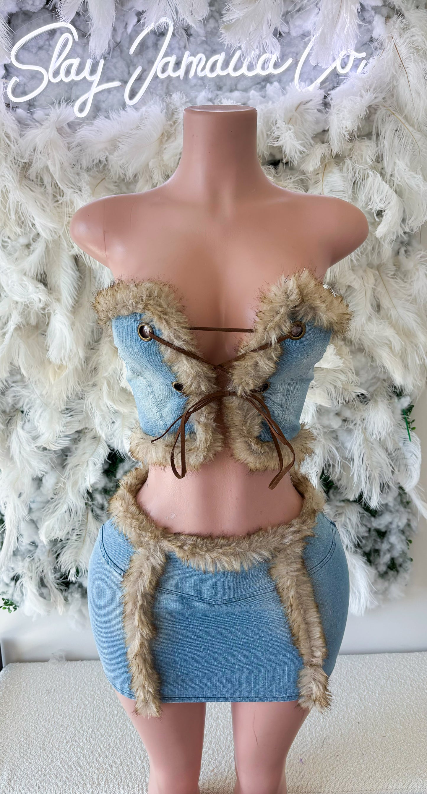 The Rawest Fur Denim Skirt Set - Light Blue
