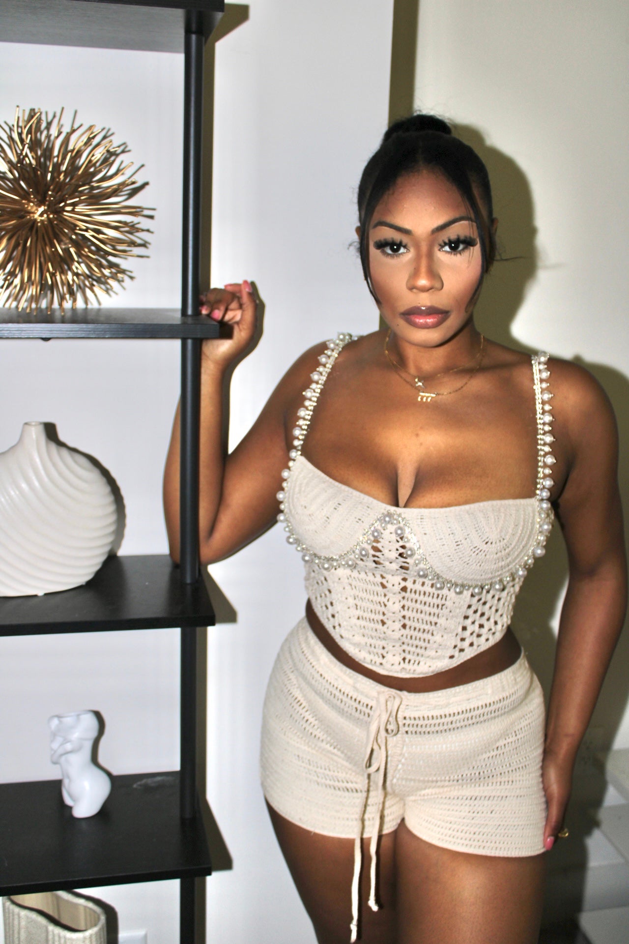 Thailand Vibes Pearl Shorts Set- Beige