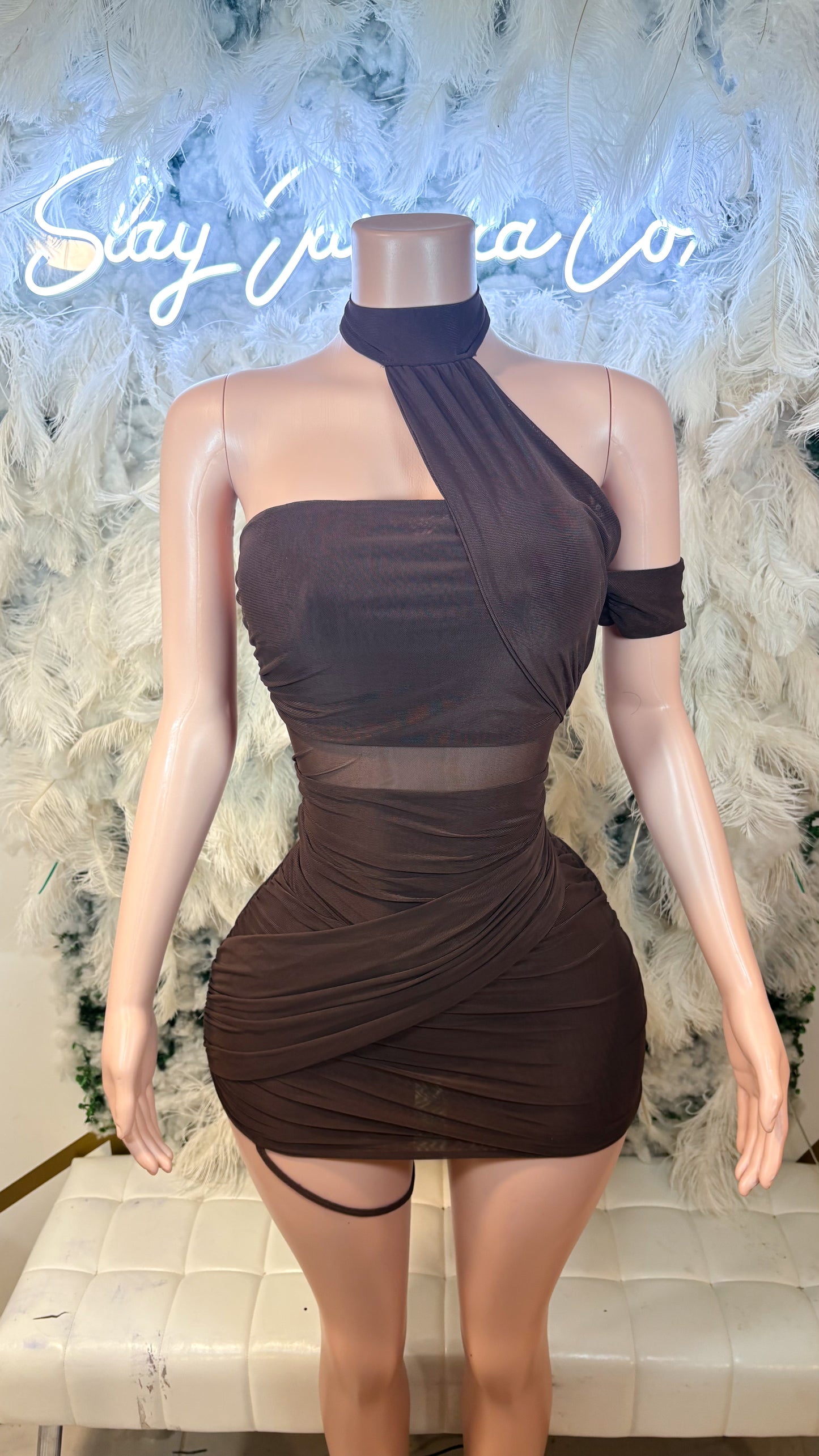 READY TO SHIP Miss Independent Ruched Mesh Mini Dress - Brown