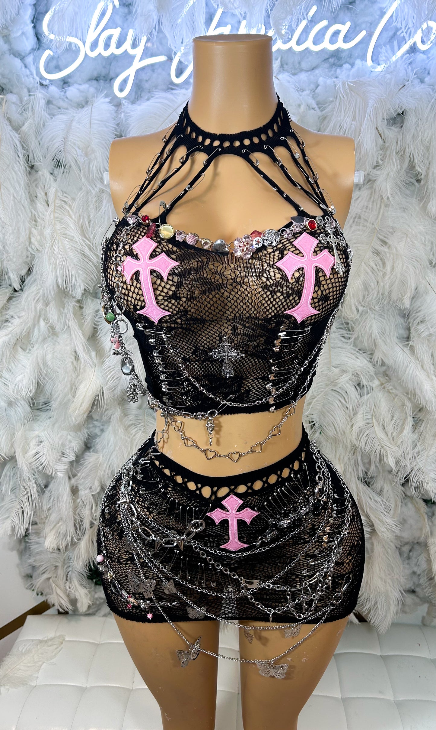 Cross My Heart Embellished Mesh Skirt Set