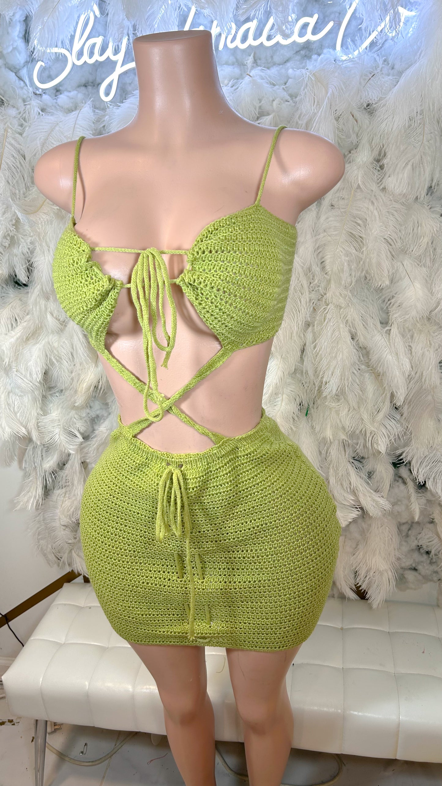 Run Away To Paradise Crochet Mini Dress - Green