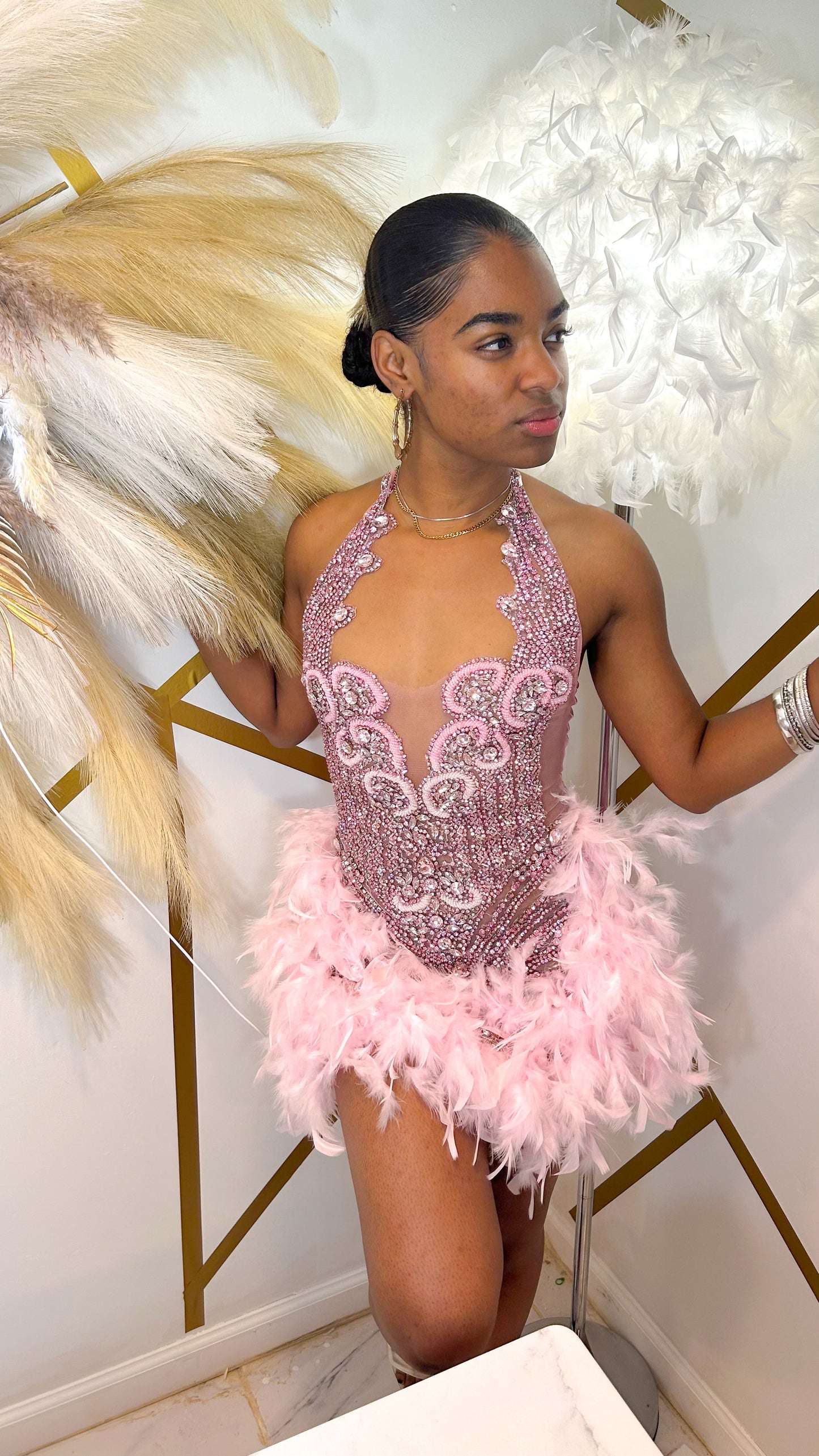 PREORDER ONLY Fine Wine Feather Luxury Rhinestone Dress-Pink