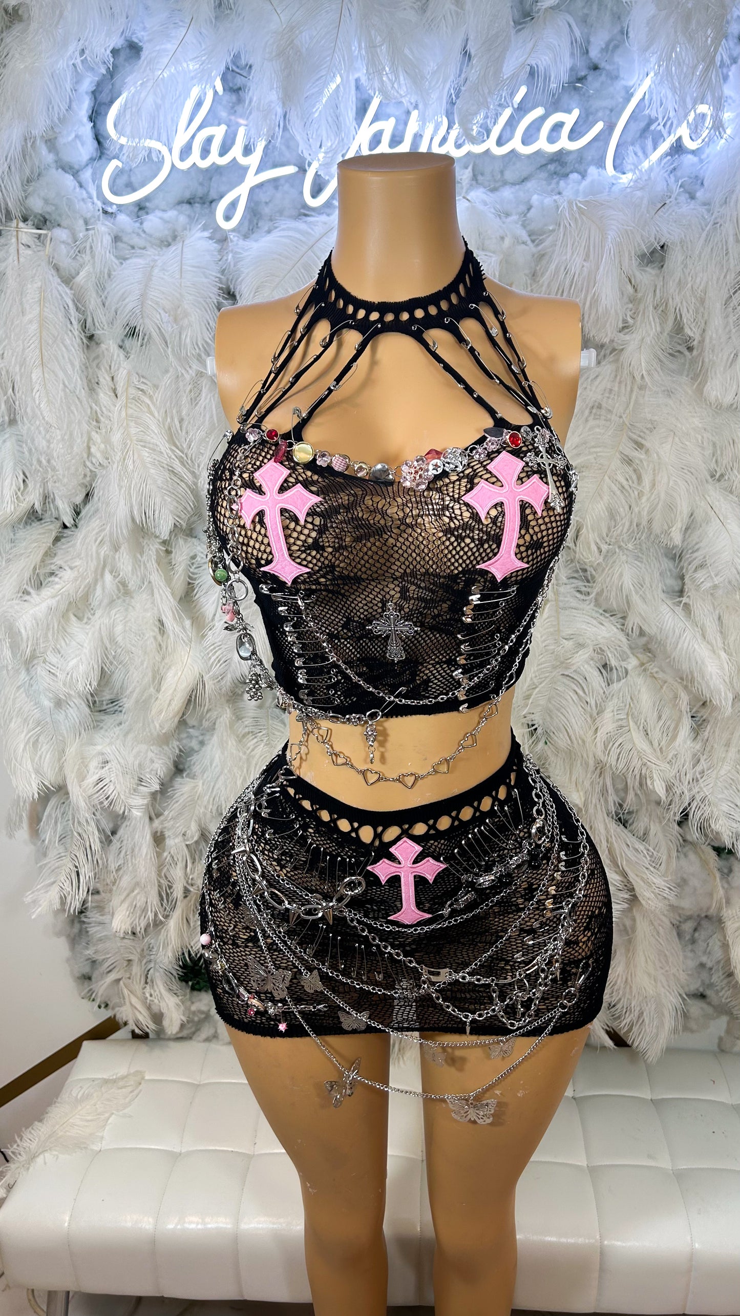 Cross My Heart Embellished Mesh Skirt Set