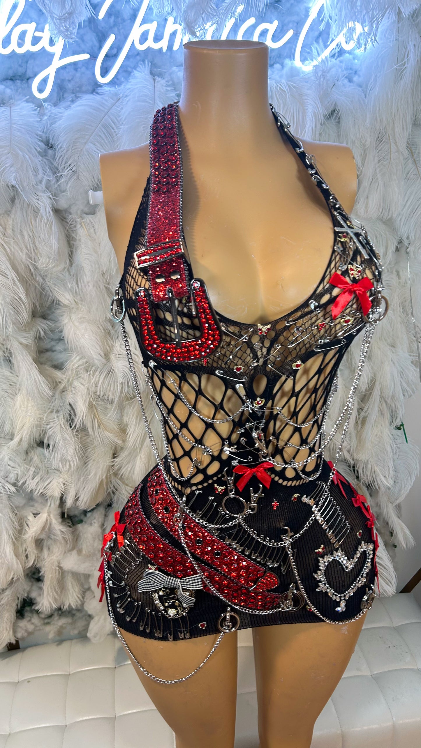 Red Baddie Riding Hood Embellished Fishnet Mesh Dress