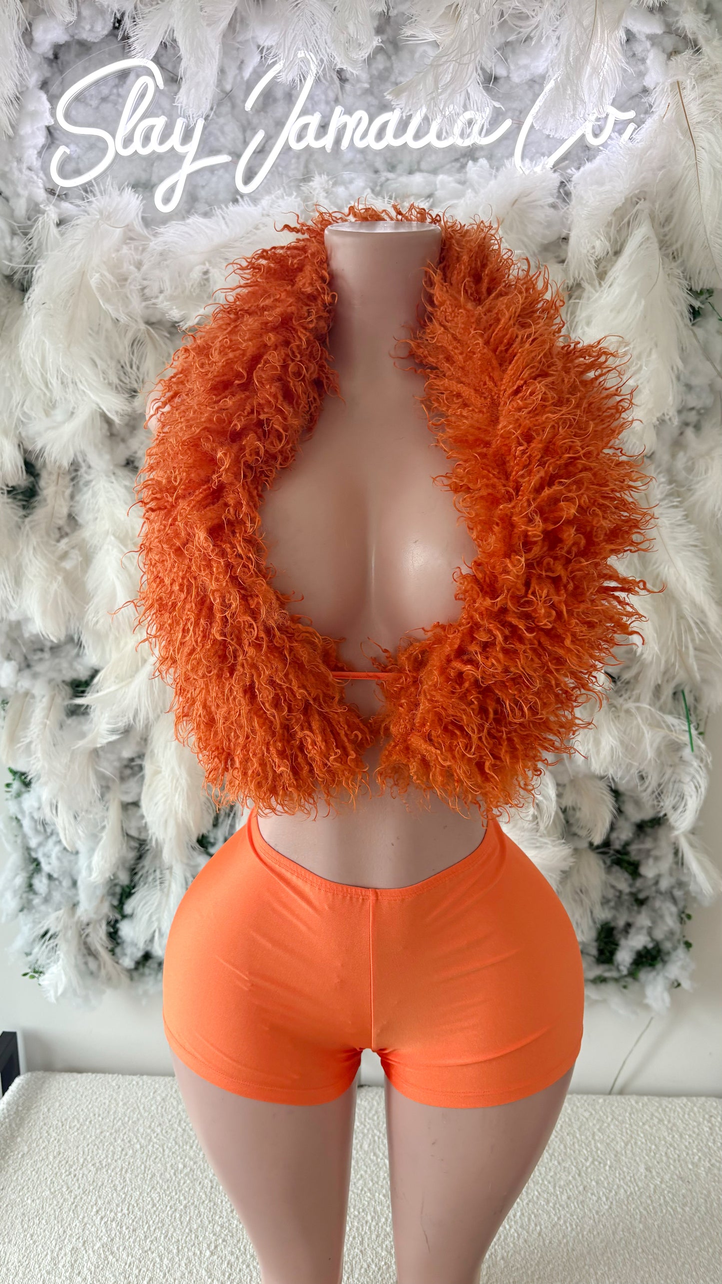 READY TO SHIP Summer Just Begun Mongolian Fur Shorts set - Orange