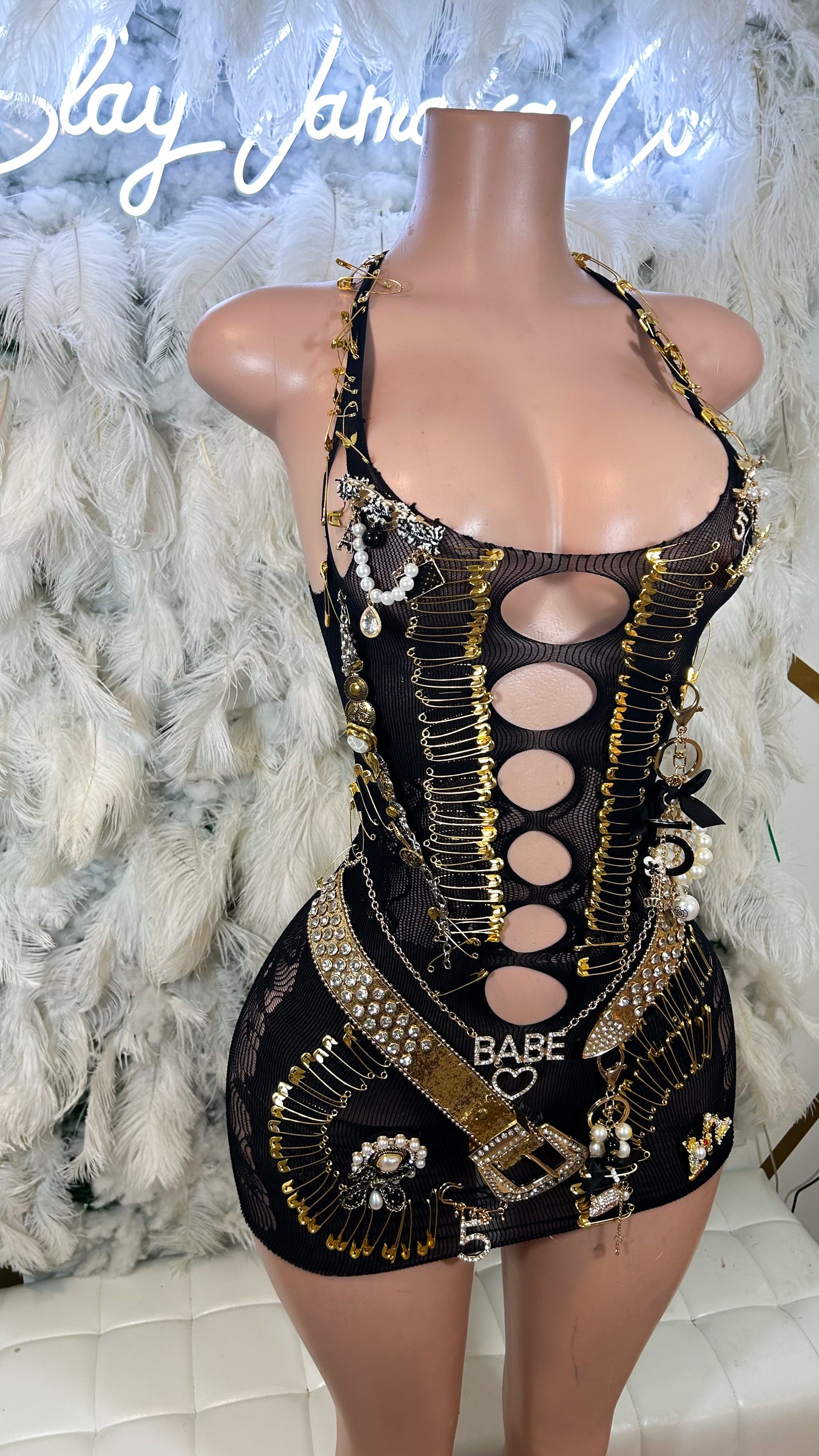 Gold Star Bitch Embellished Mesh Mini Dress