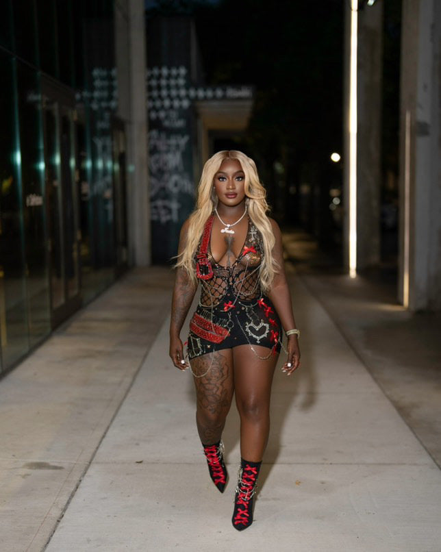 Red Baddie Riding Hood Embellished Fishnet Mesh Dress
