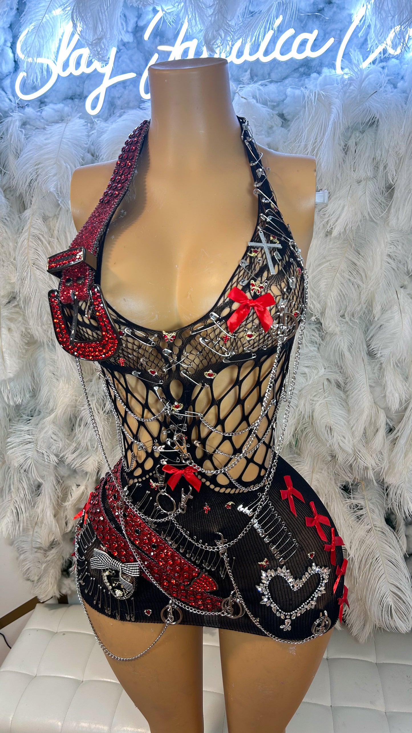 Red Baddie Riding Hood Embellished Fishnet Mesh Dress