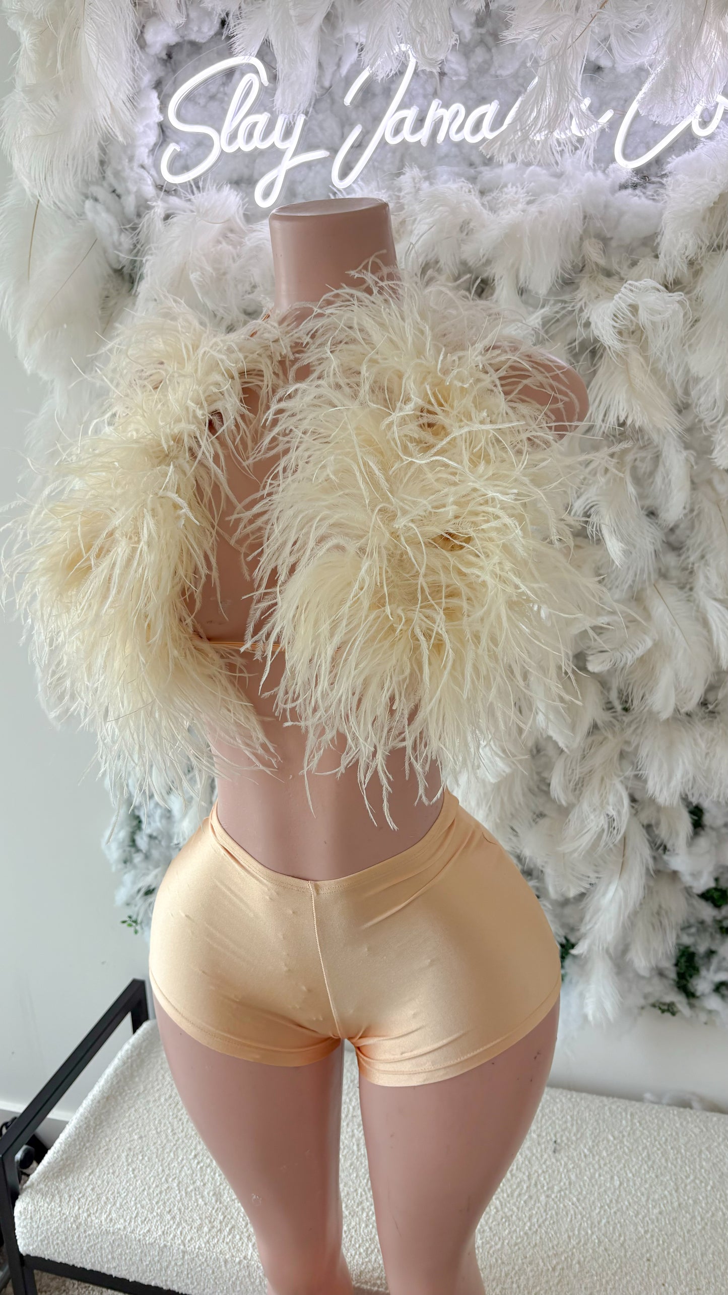 READY TO SHIP Champagne Nights Ostritch Feather Shorts Set
