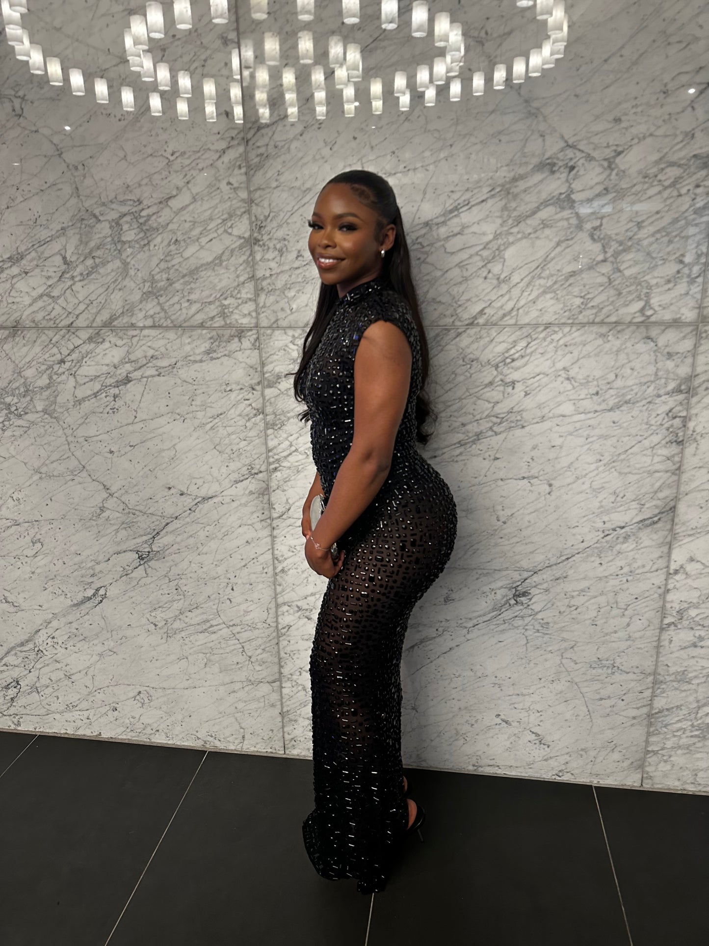 PREORDER ONLY Dazzle Their Eyes Mesh Rhinestone Maxi Dress