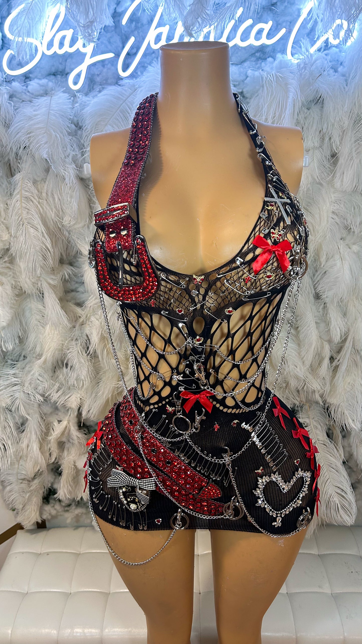 Red Baddie Riding Hood Embellished Fishnet Mesh Dress
