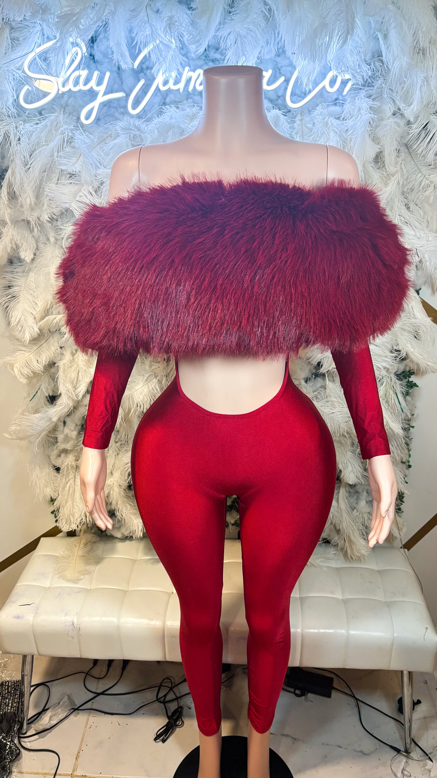 READY TO SHIP Femme Aura Fur Jumpsuit - Burgundy