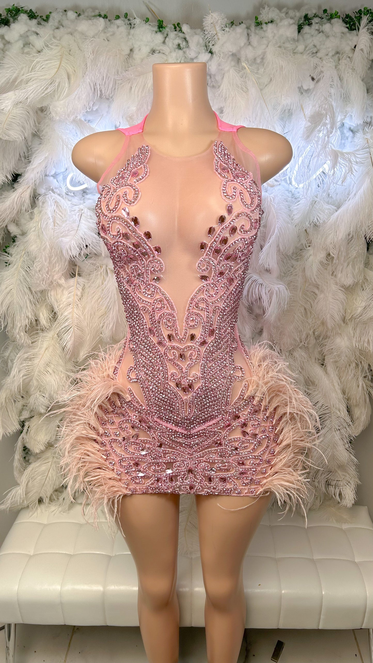 PREORDER ONLY Pretty In Pink Rhinestone Feather Mini Dress