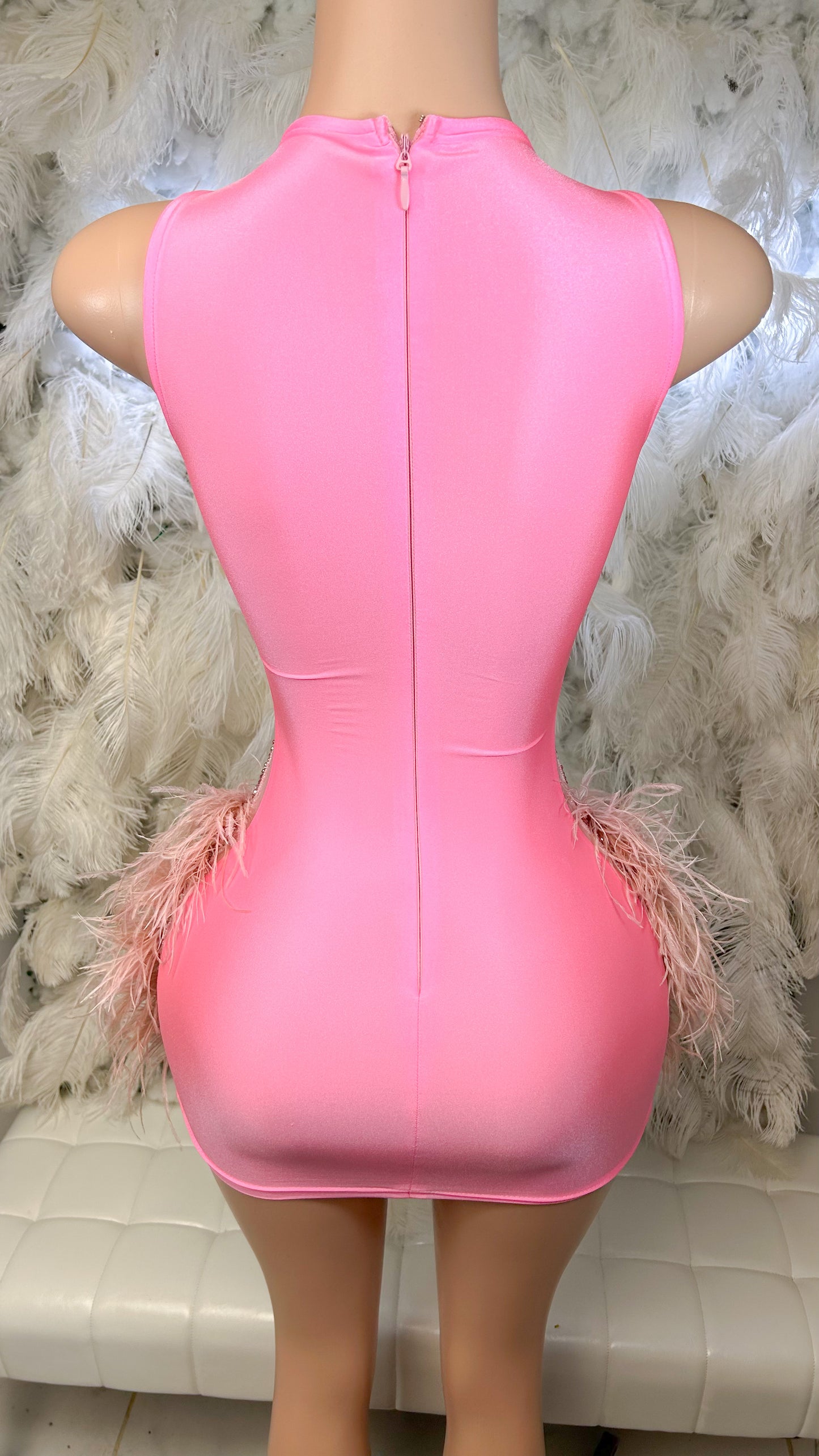 PREORDER ONLY Pretty In Pink Rhinestone Feather Mini Dress