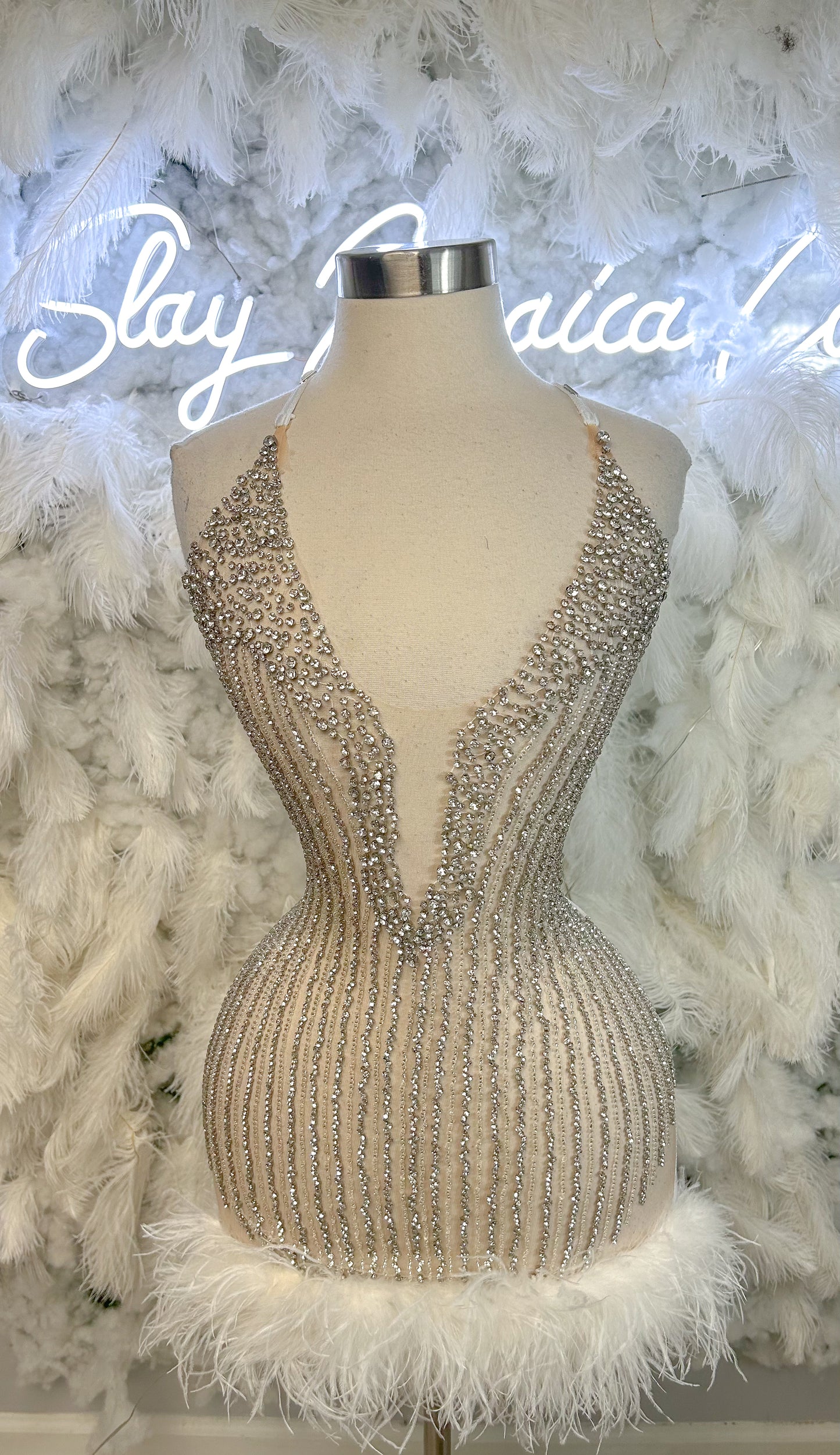 PREORDER ONLY Make You Mine Luxury Rhinestone Feather Mini Dress