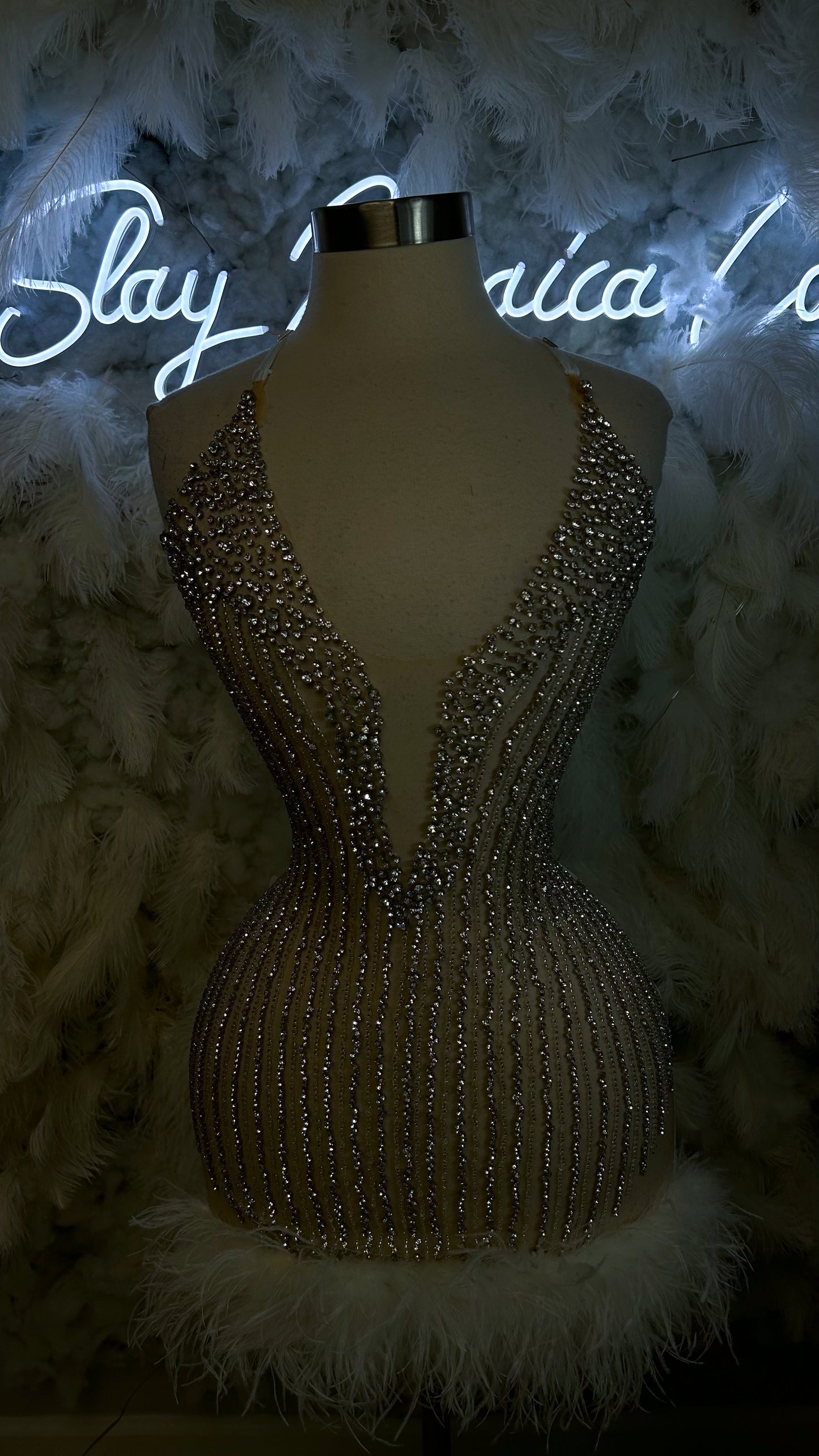 PREORDER ONLY Make You Mine Luxury Rhinestone Feather Mini Dress
