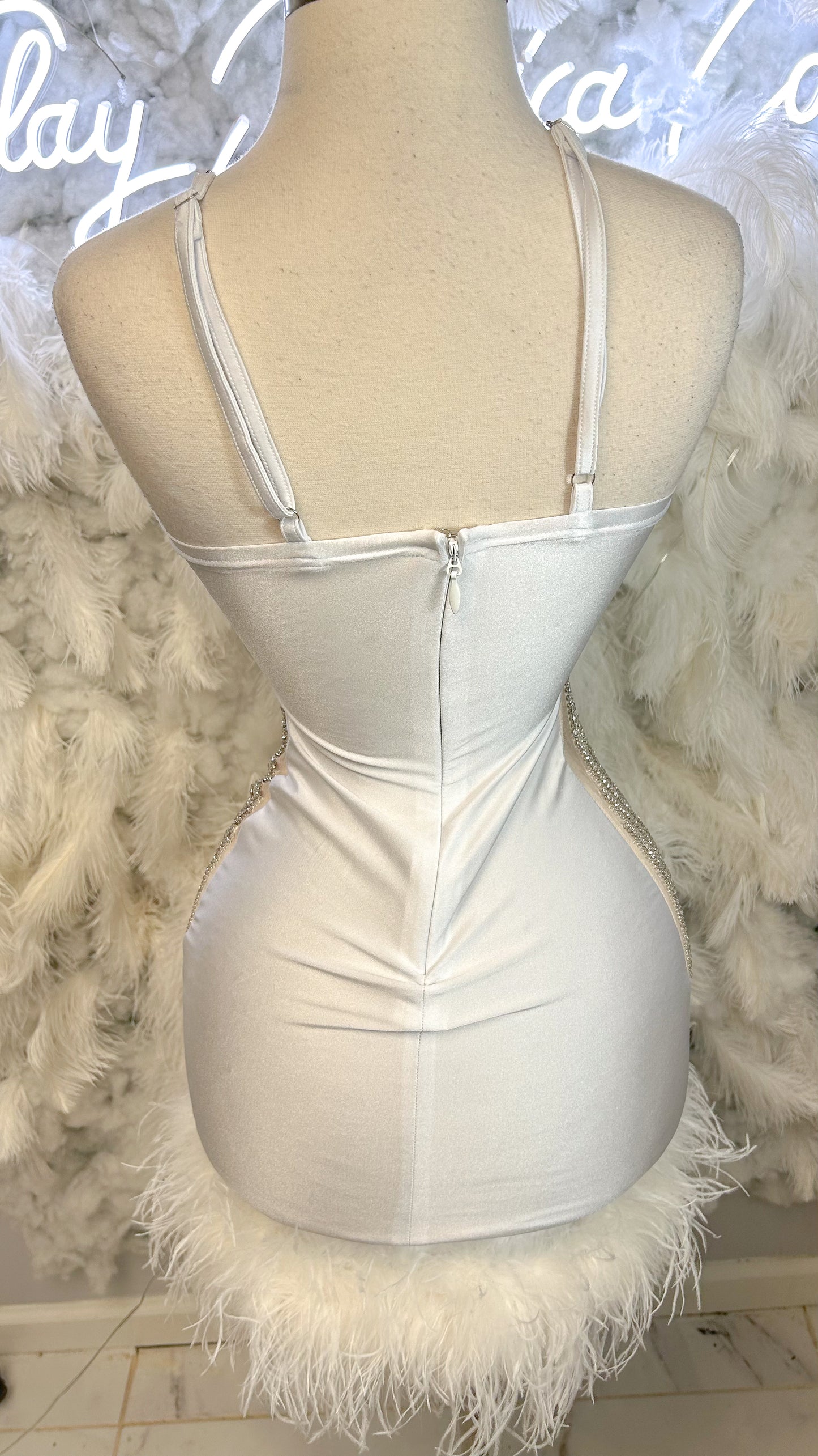 PREORDER ONLY Make You Mine Luxury Rhinestone Feather Mini Dress