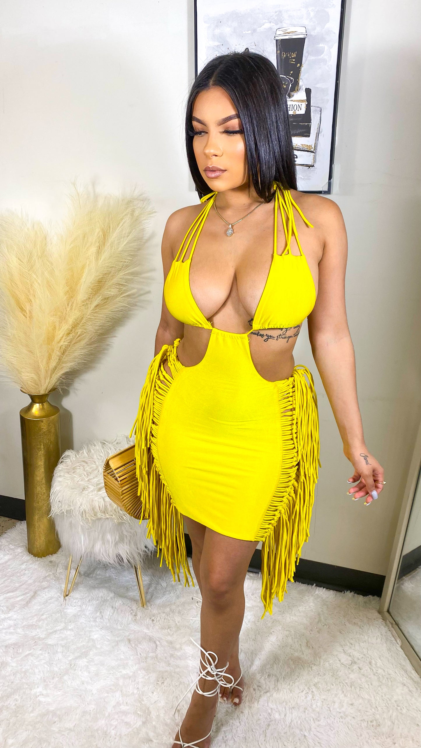 Cabo Days Fringe Mini Dress- Yellow