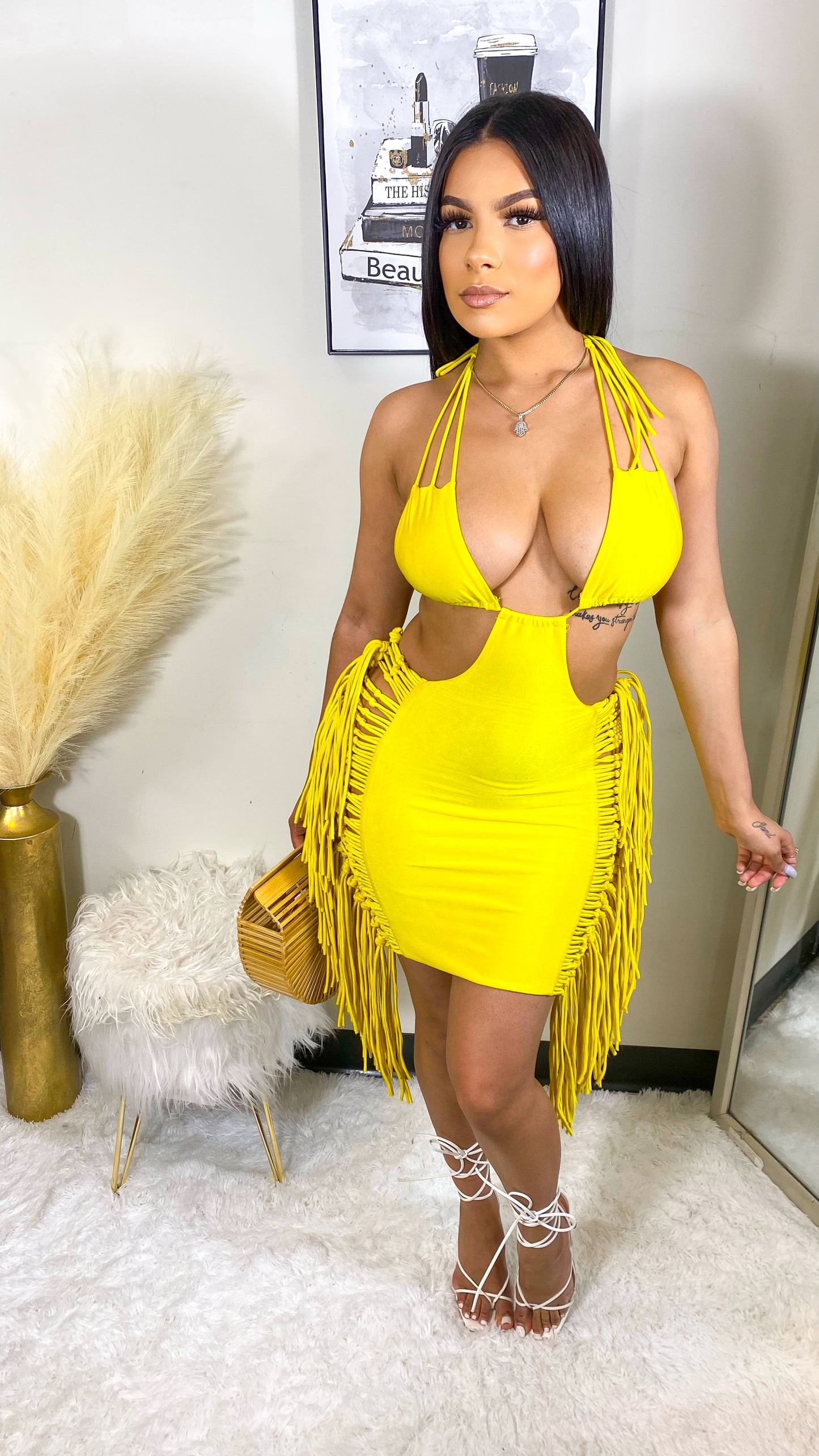 Cabo Days Fringe Mini Dress- Yellow