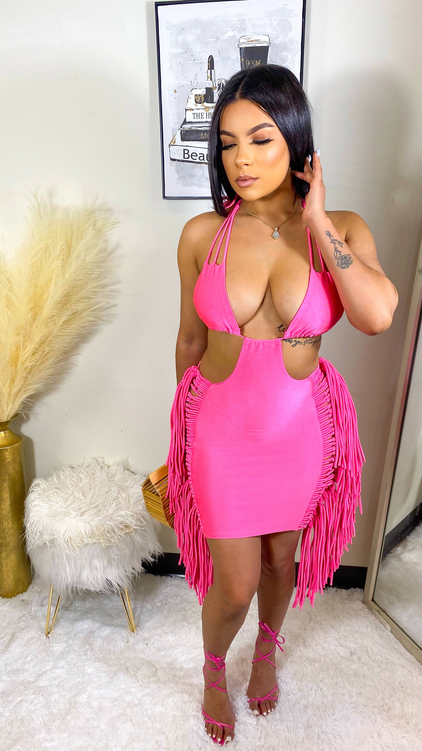 Cabo Days Fringe Mini Dress- Pink