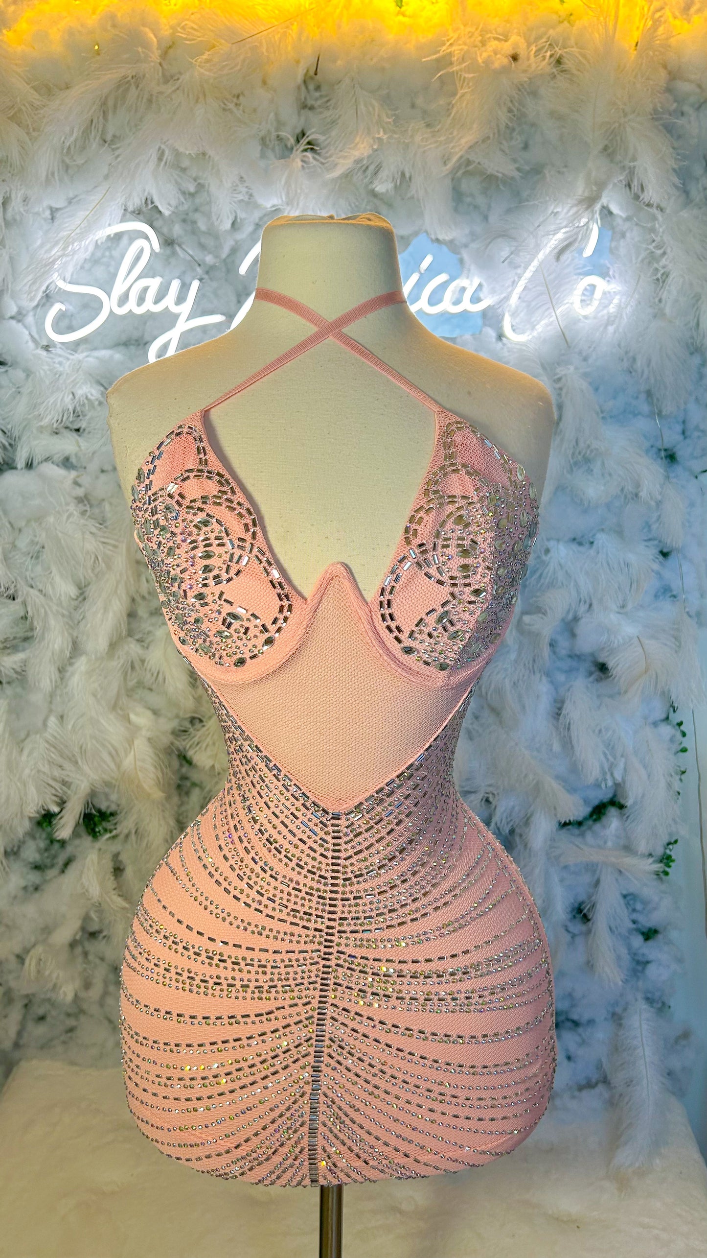 Dreaming of Luxury Rhinestone Mini Dress- Pink