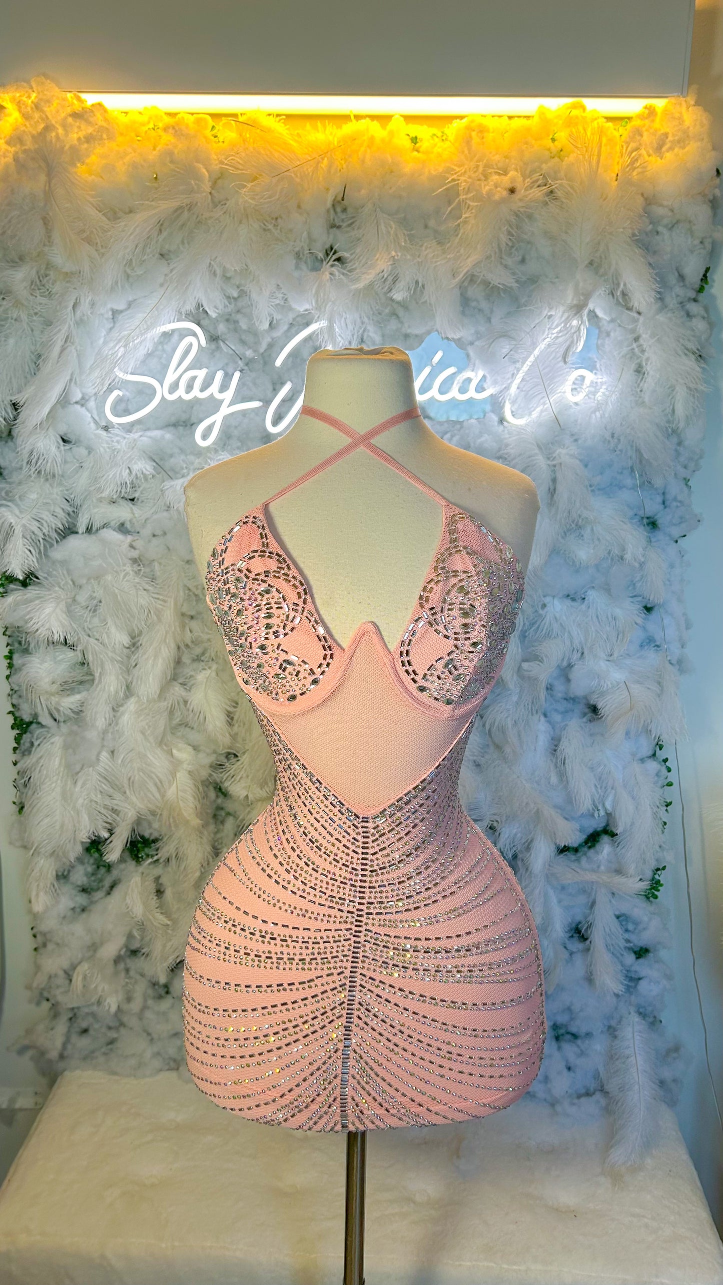 Dreaming of Luxury Rhinestone Mini Dress- Pink