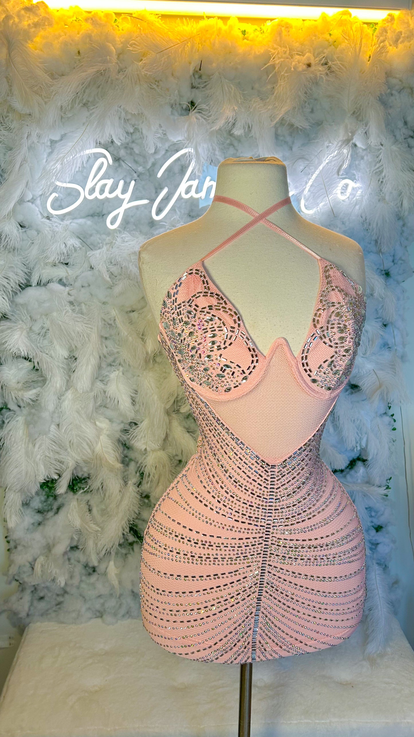 Dreaming of Luxury Rhinestone Mini Dress- Pink