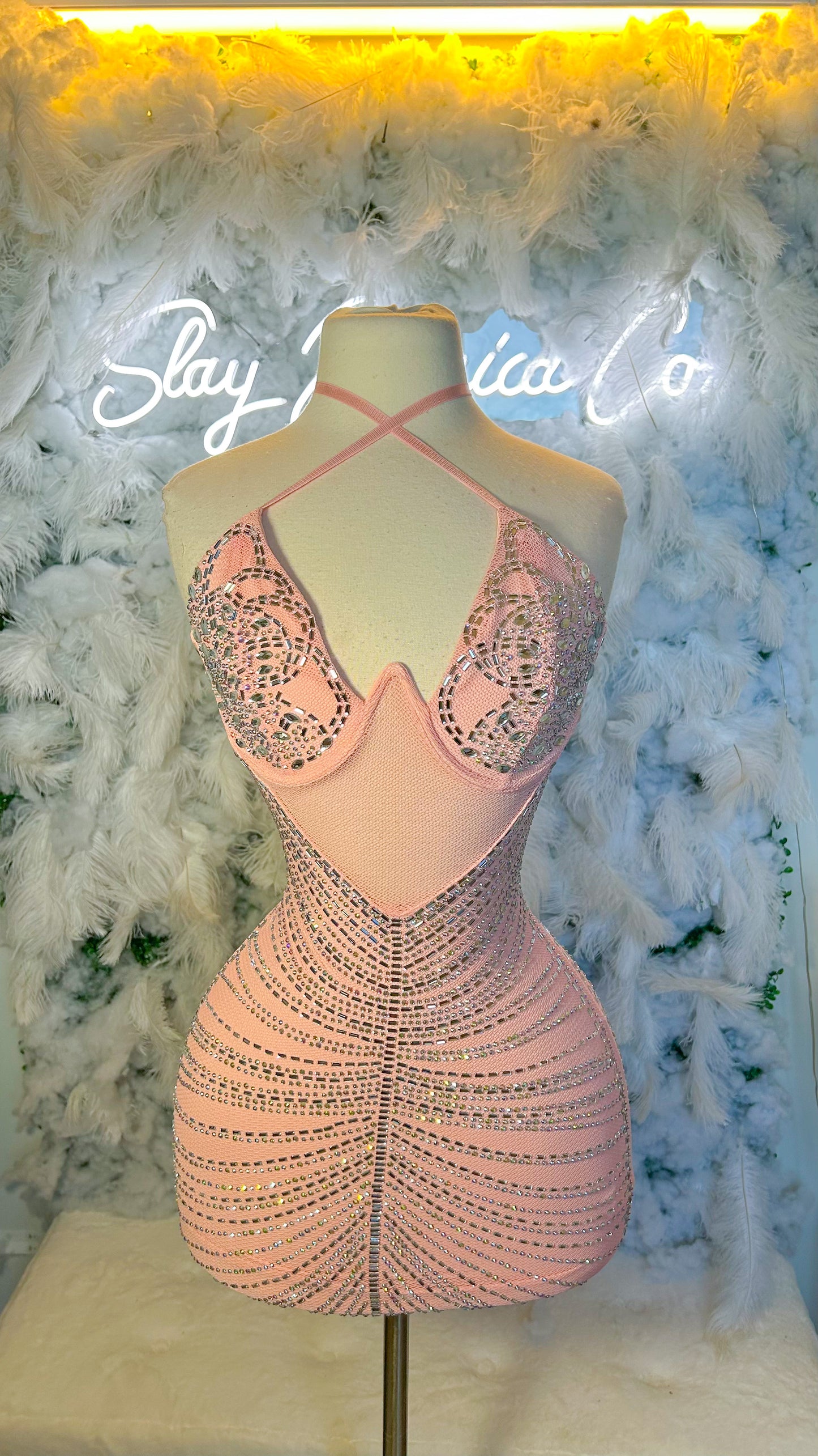 Dreaming of Luxury Rhinestone Mini Dress- Pink