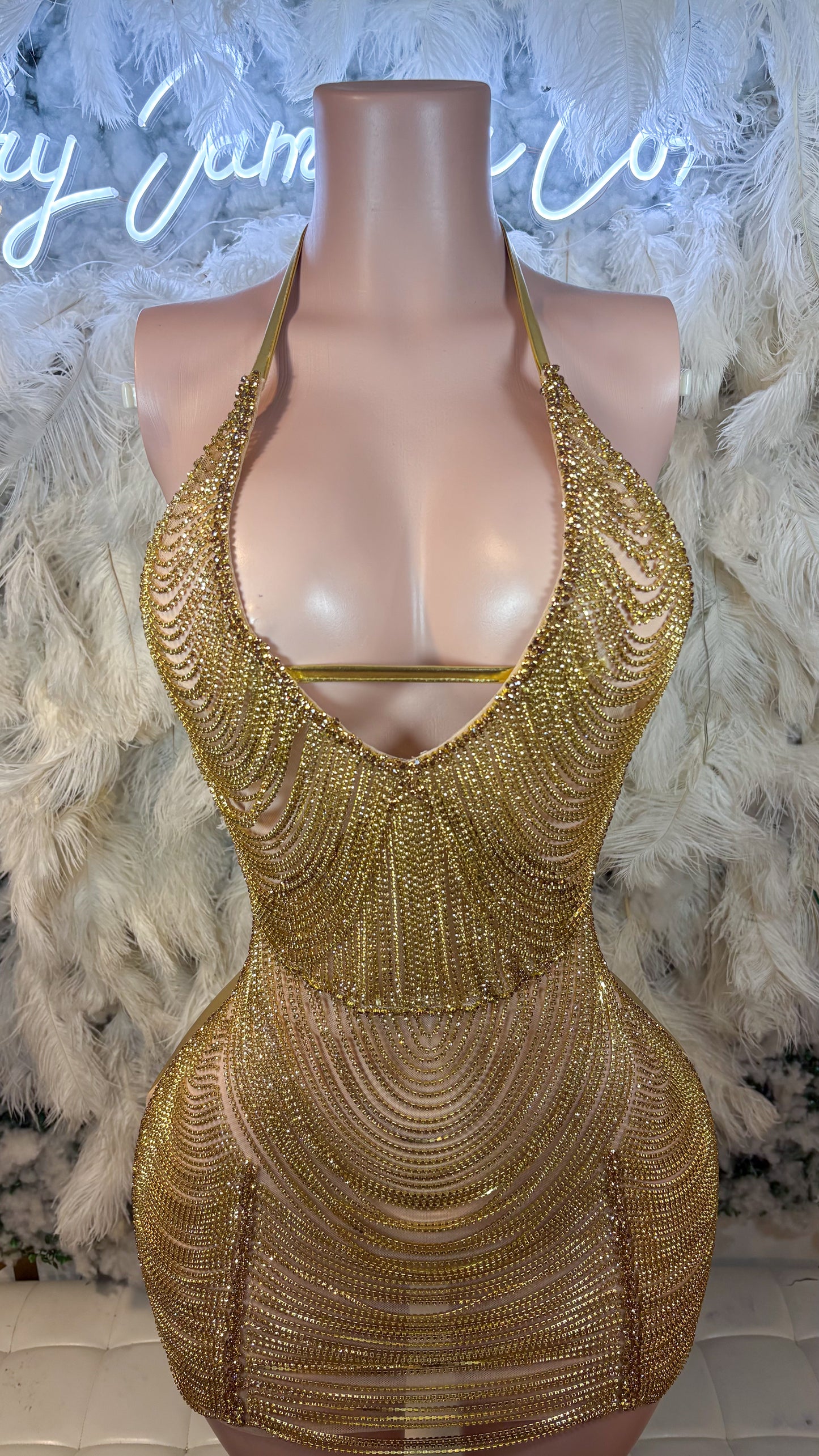 Preorder Only Keep Them Talking Chain Luxe Mini Dress - Gold