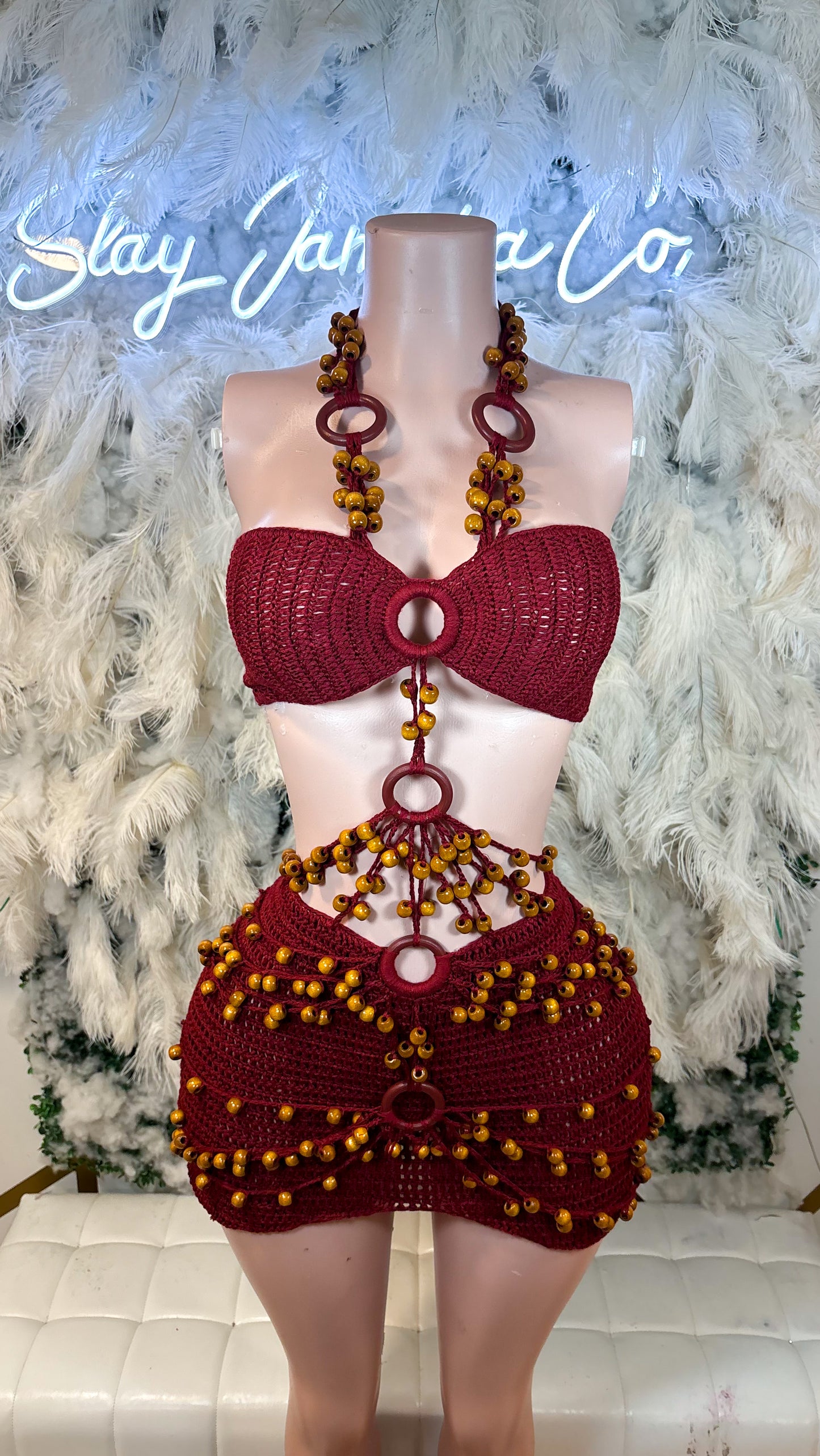 READY TO SHIP Bali Babe Beaded Knitted Mini Dress - Burgundy