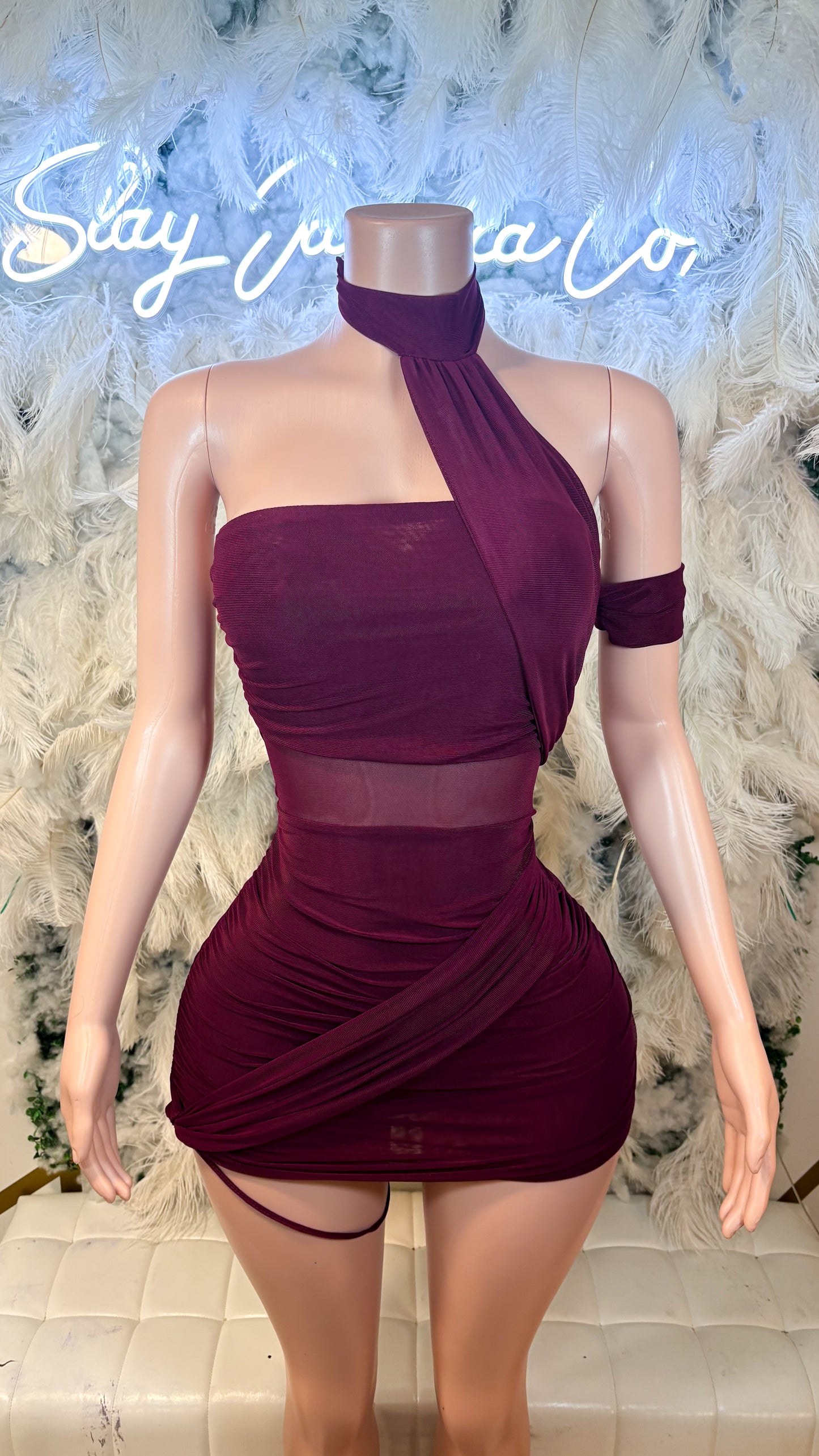 Miss Independent Ruched Mesh Mini Dress - Wine