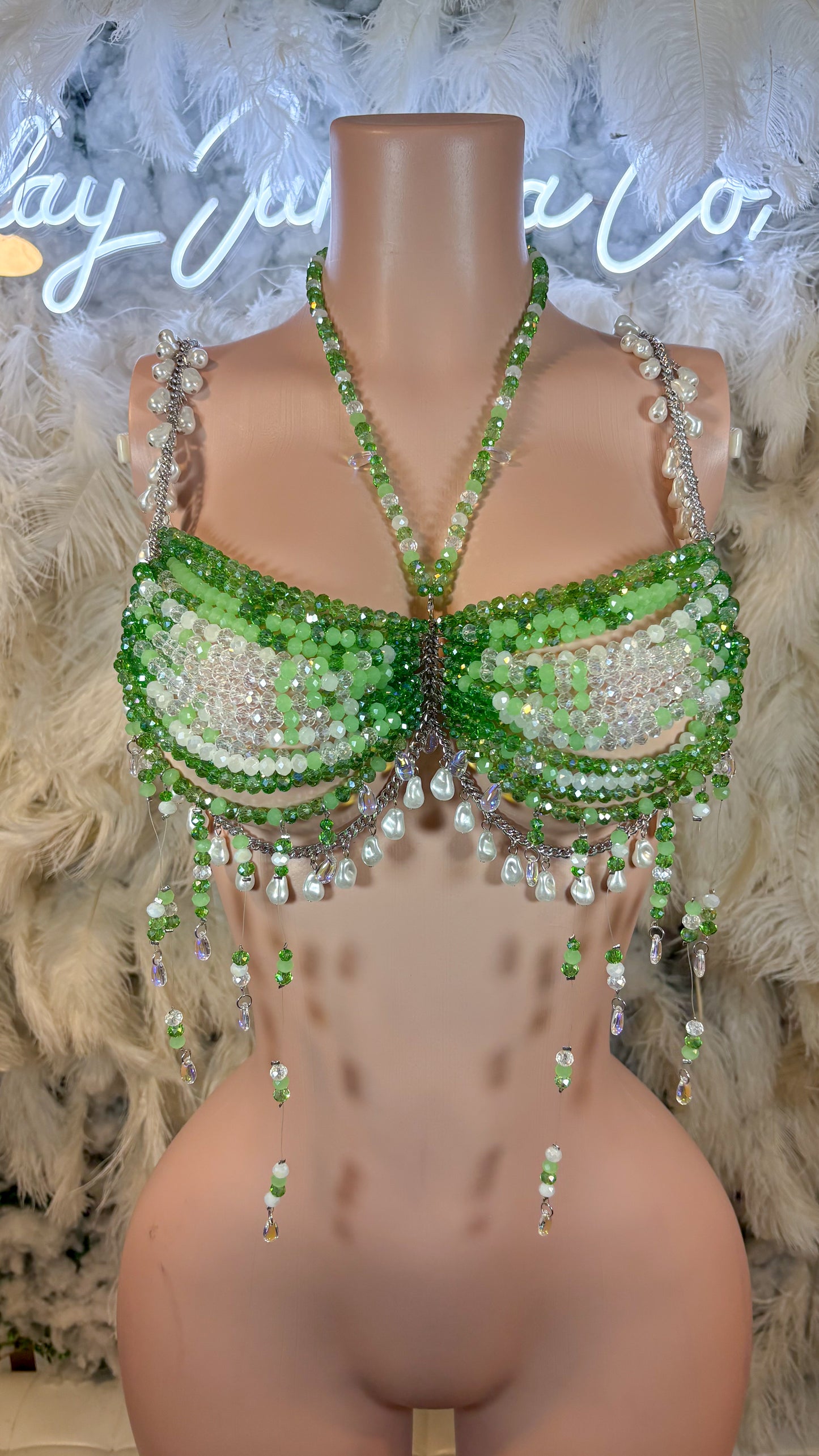 READY TO SHIP Tequila Sunrise Pearl Beaded Top - Green/white