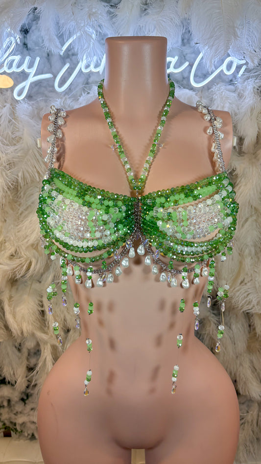 READY TO SHIP Tequila Sunrise Pearl Beaded Top - Green/white