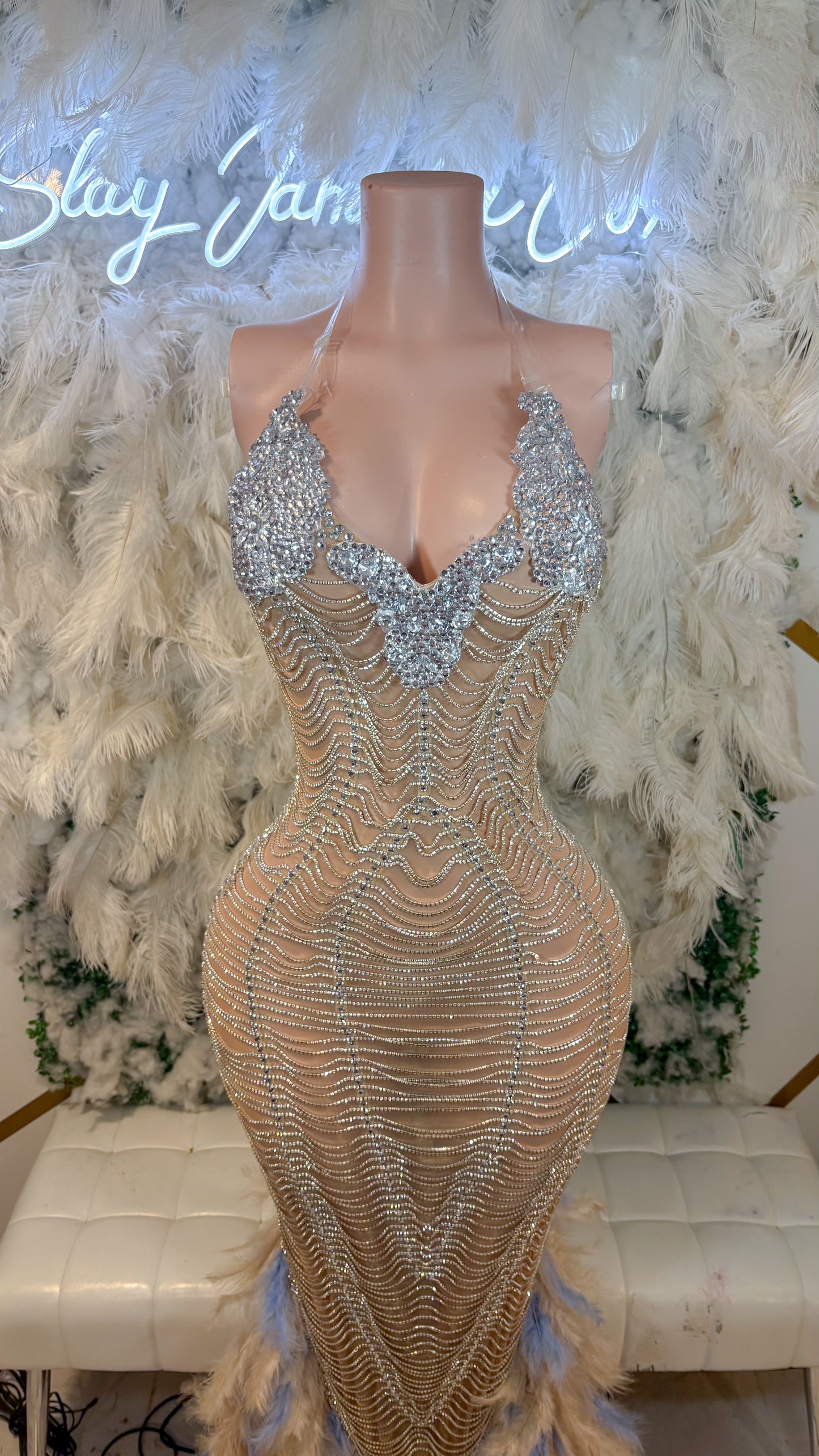 READY TO SHIP Regal Affairs Rhinestone Multicolred Feather Maxi