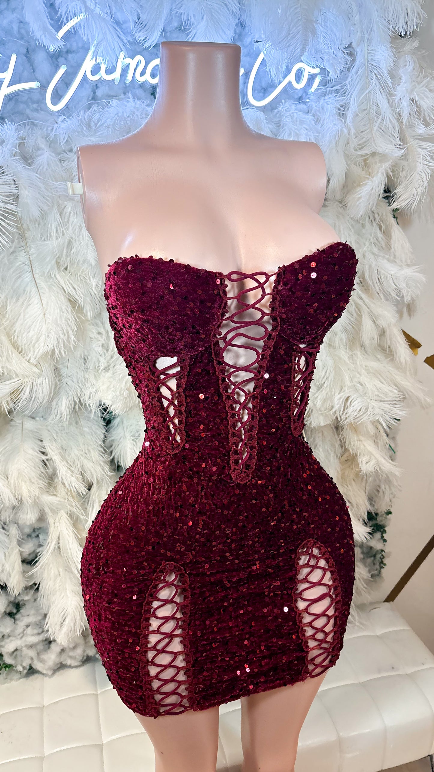 Shimmer Lights Sequin Cut Out Mini Dress - Burgundy