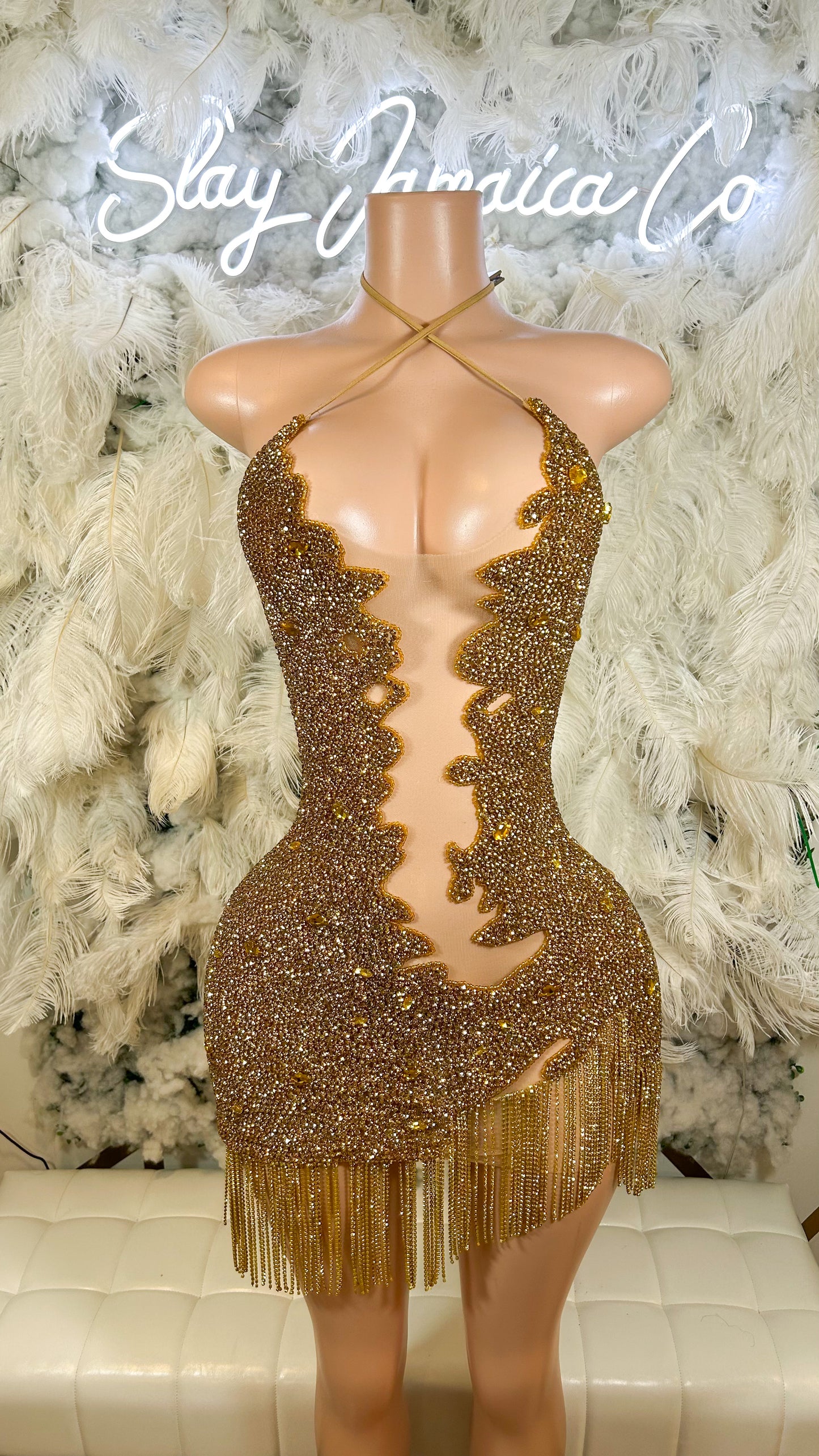 PREORDER ONLY Gold Rush Diamanté Luxury Chain Mini Dress
