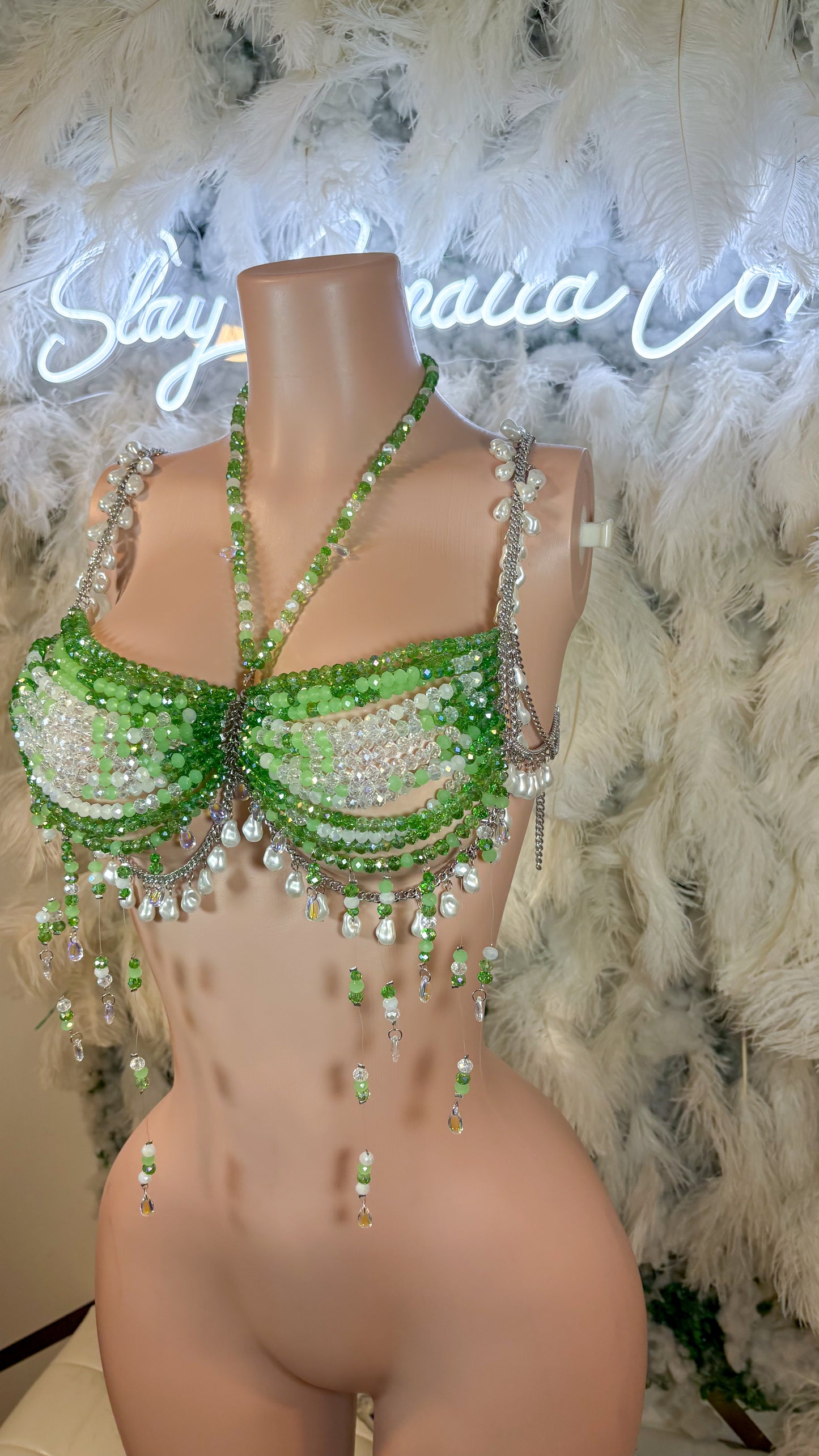 READY TO SHIP Tequila Sunrise Pearl Beaded Top - Green/white