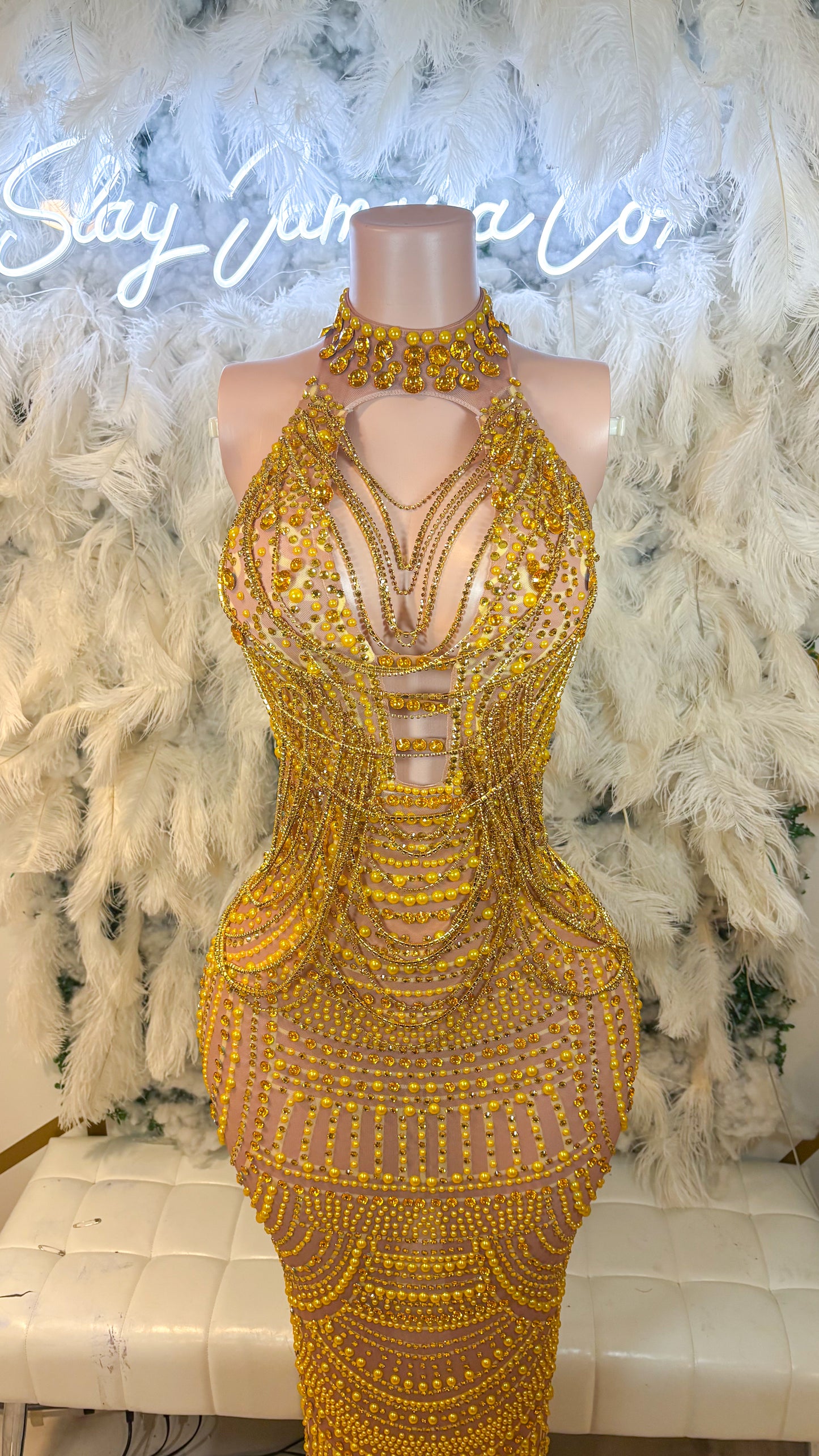 Moonlight Dreams Rhinestone Chain Mesh Maxi Dress -Gold