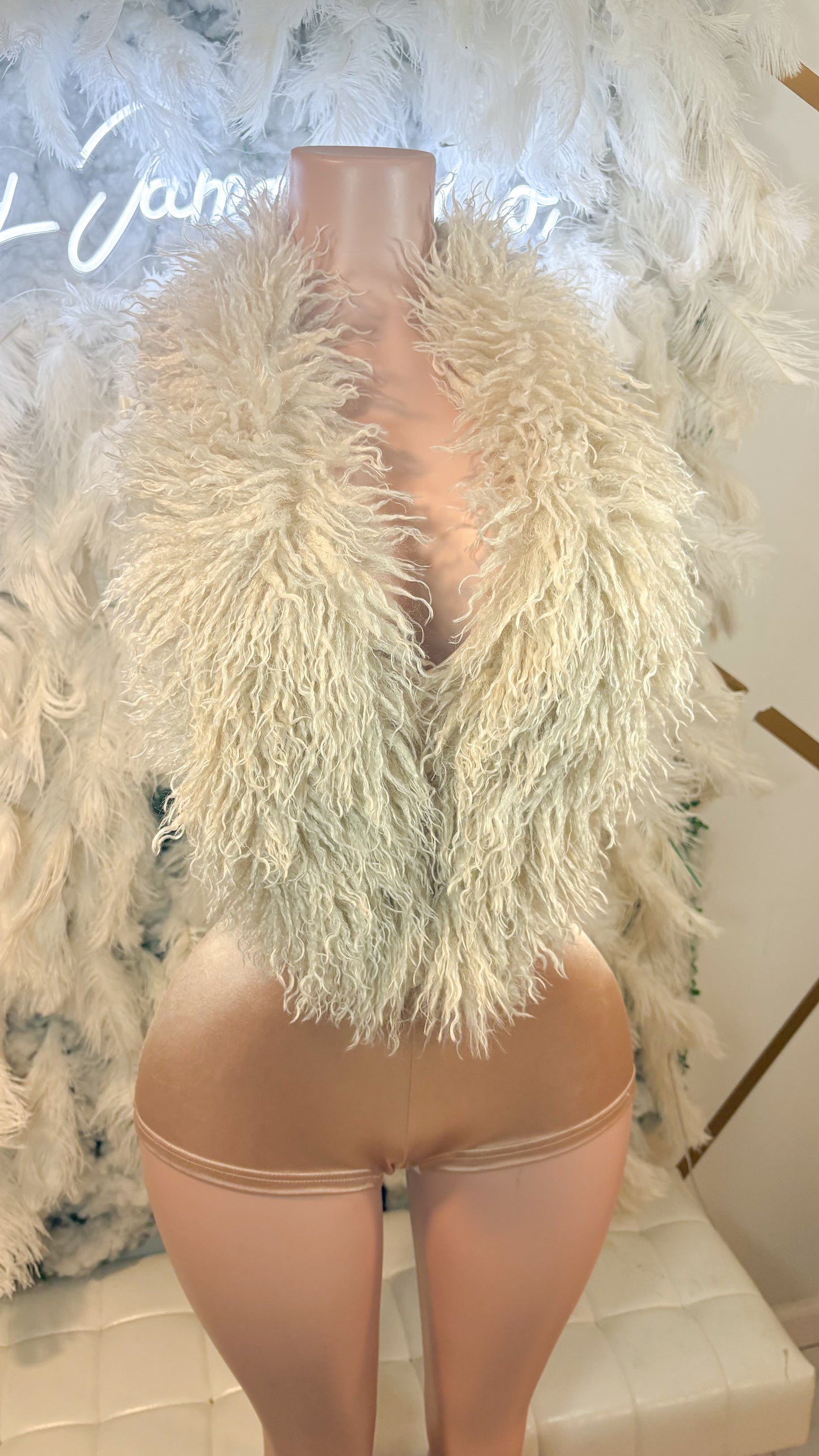 Allure Lifestyle Mongolian Fur Romper- Nude