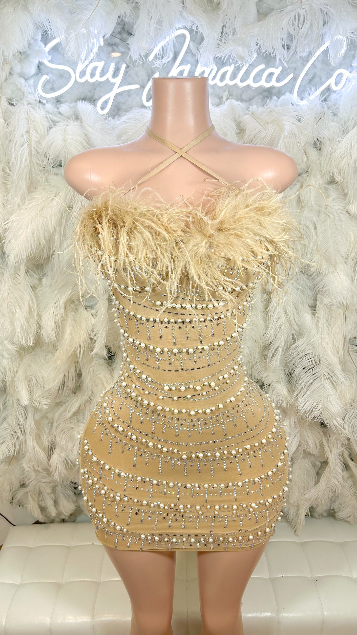 Material Girl Feather Pearl Mini Dress