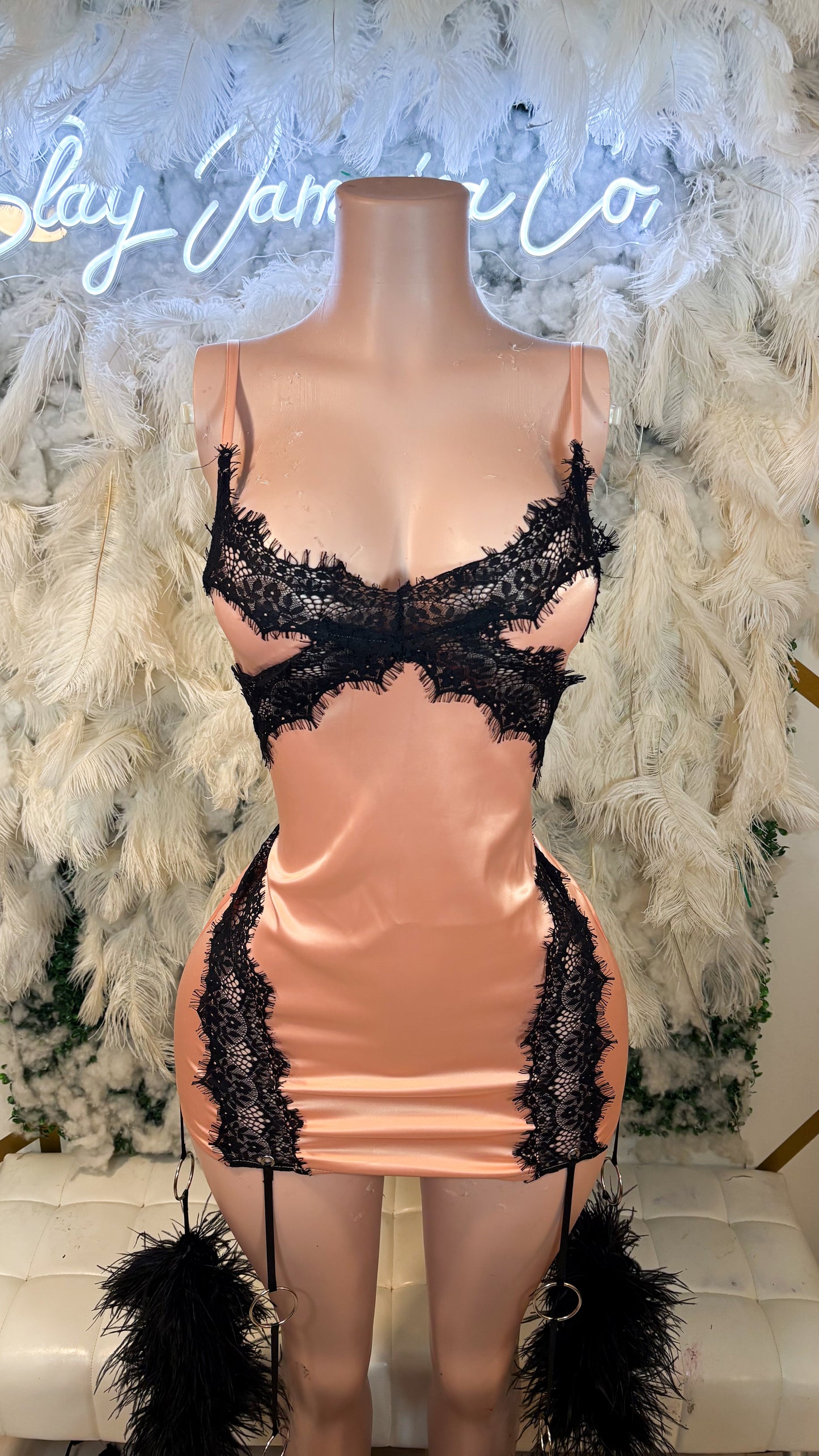 READY TO SHIP Etheral Visions Satin Lace Mini Dress W/ Ostritch Feather Puffs - Mauve/Black