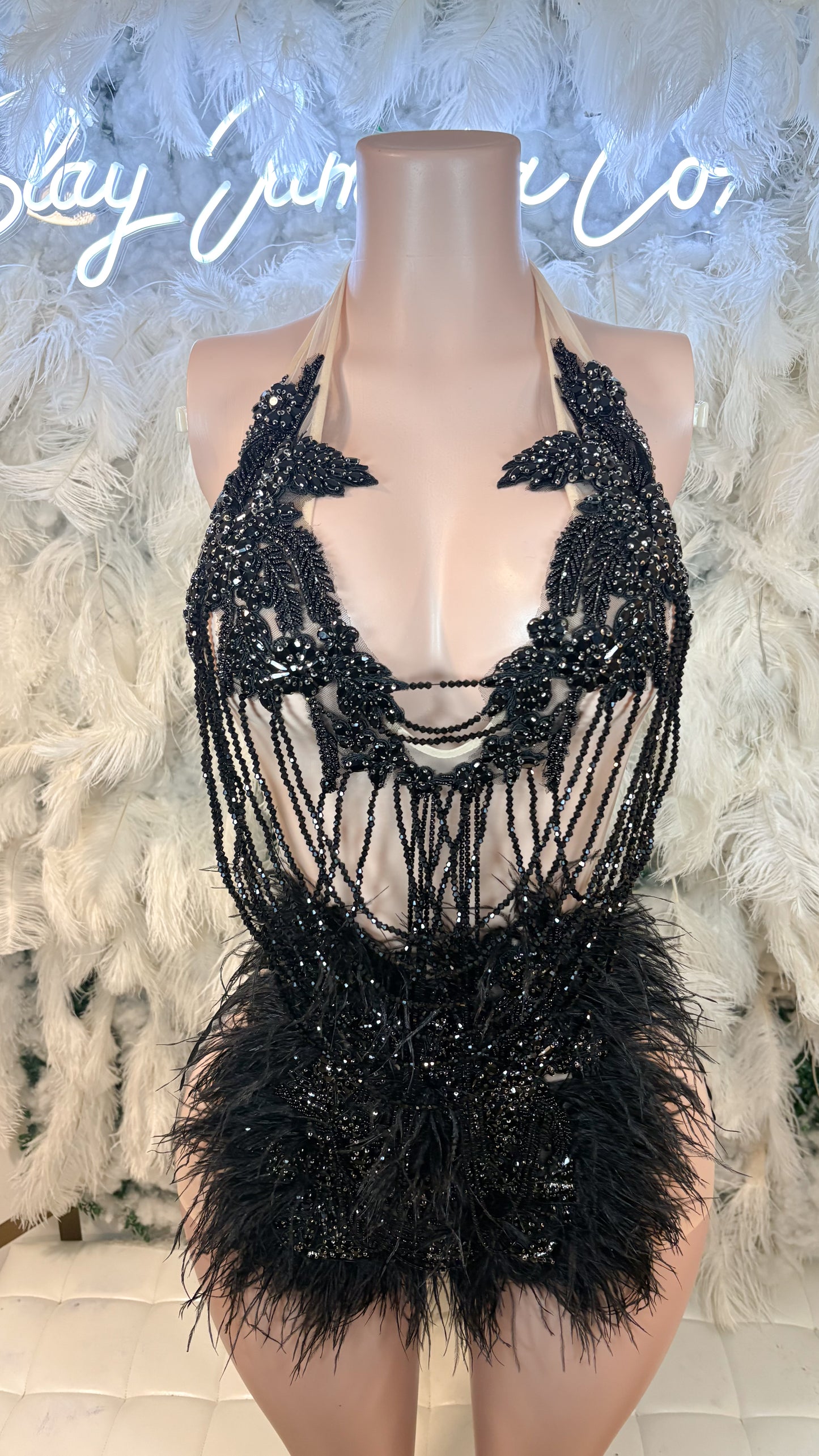 READY TO SHIP The Baddest Of Them All Feather Rhinestone Mini Dress