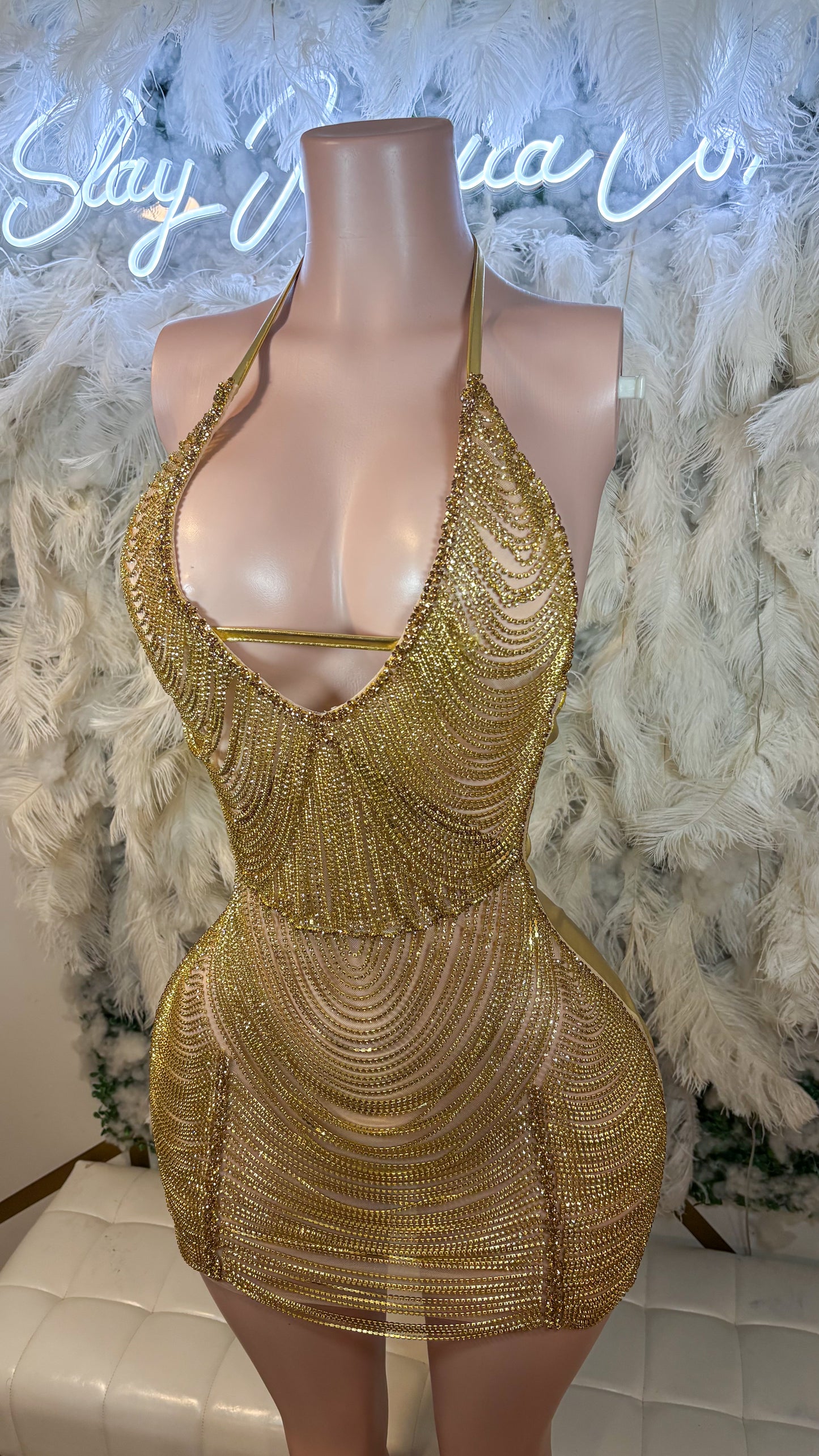 Preorder Only Keep Them Talking Chain Luxe Mini Dress - Gold