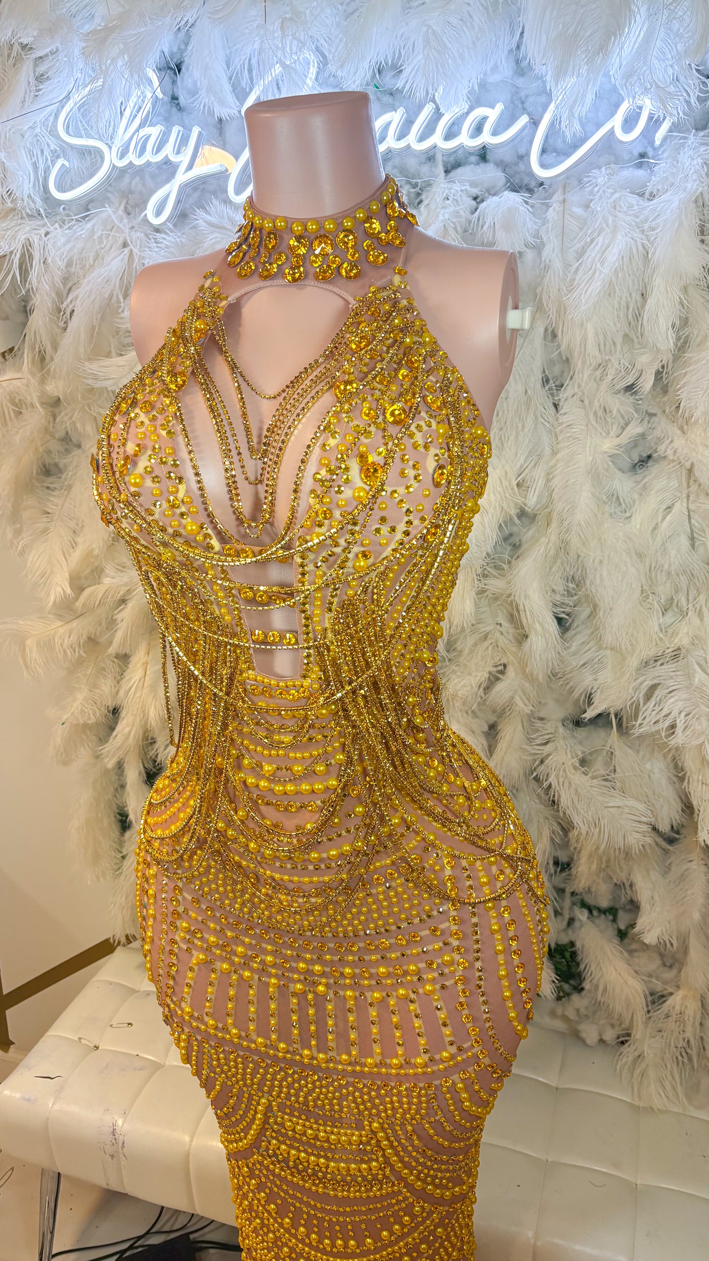 Moonlight Dreams Rhinestone Chain Mesh Maxi Dress -Gold