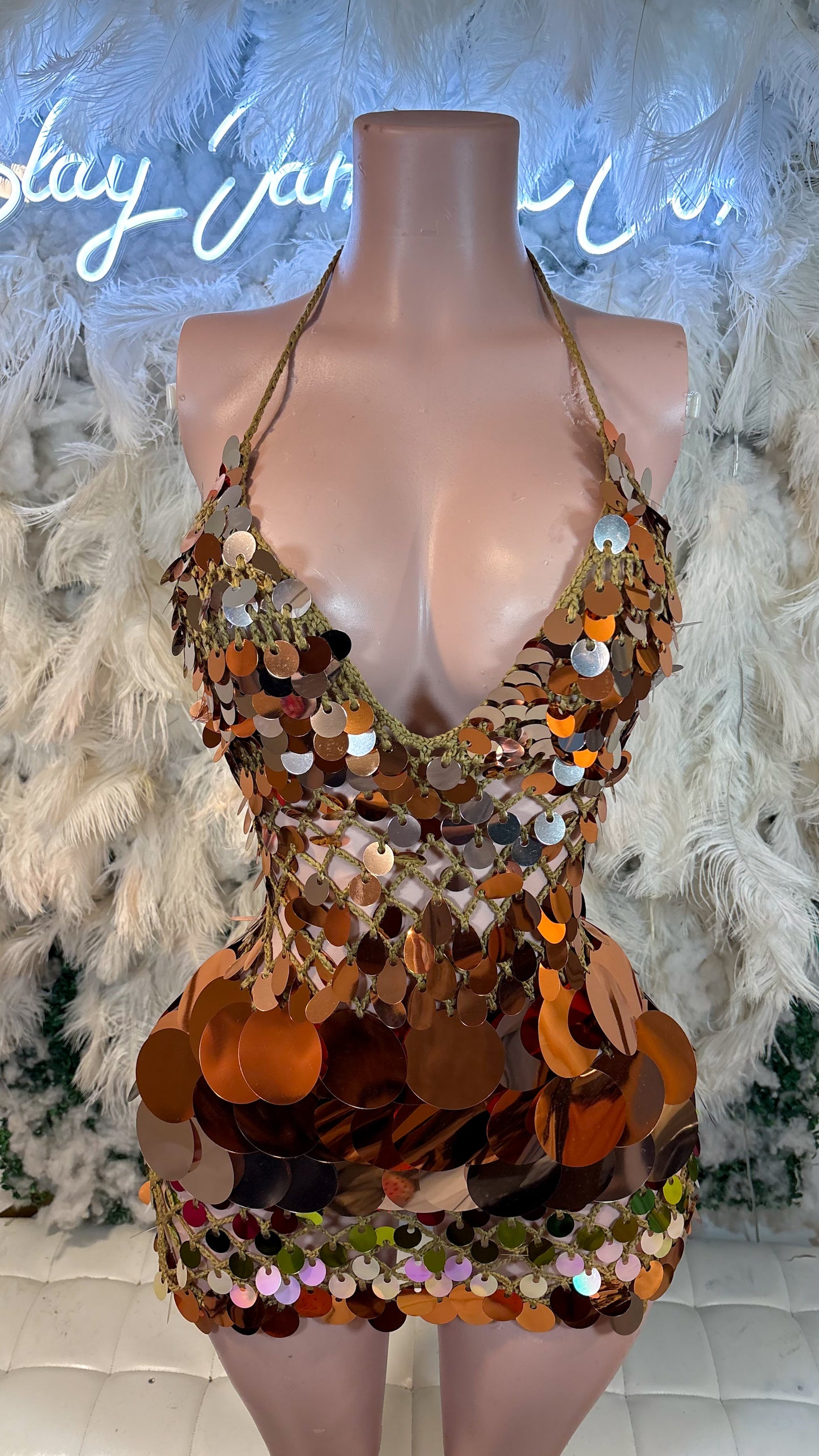 READY TO SHIP Bottles And Lights Knit Assorted Sequin Mini Dress - Warm Amber Mix