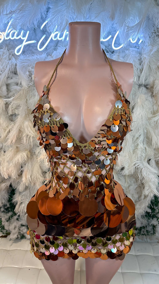 READY TO SHIP Bottles And Lights Knit Assorted Sequin Mini Dress - Warm Amber Mix